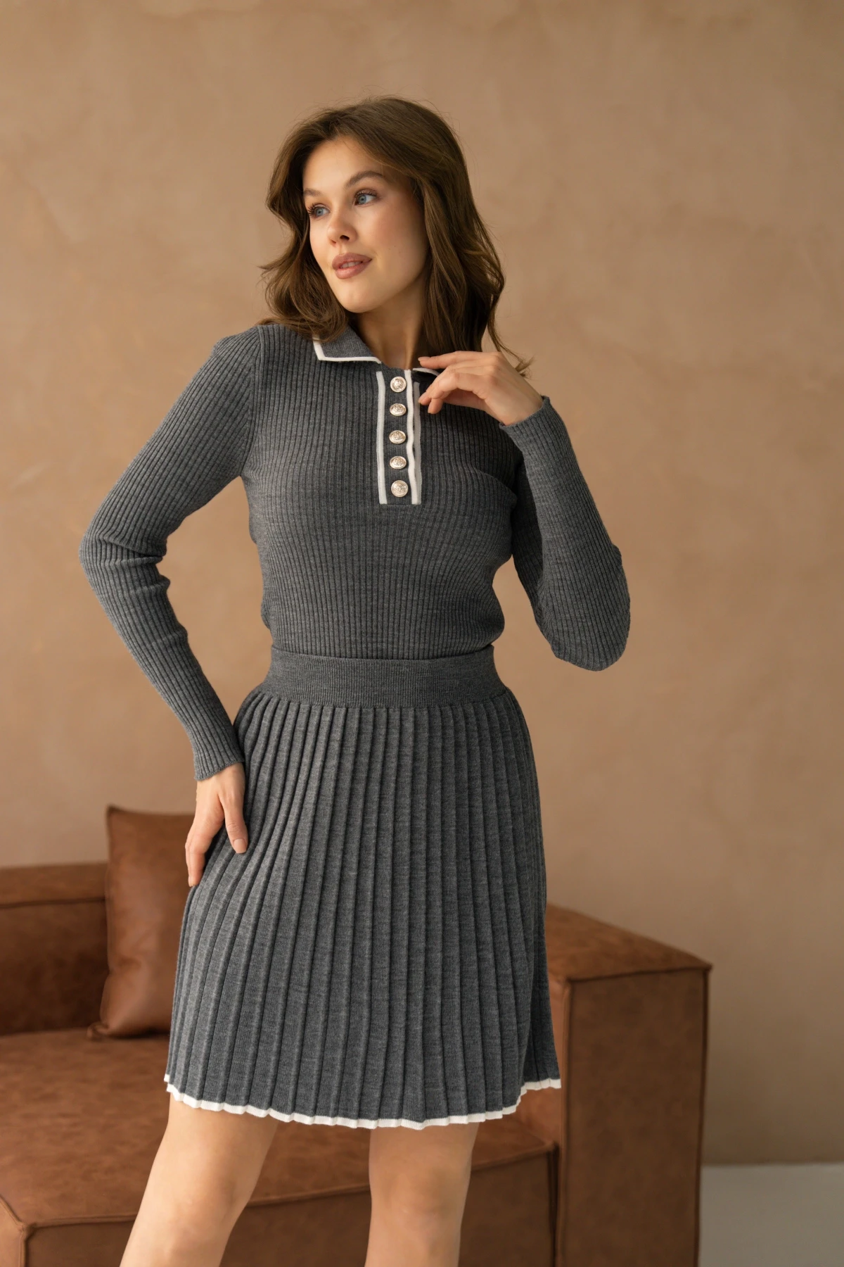 Kadın Polo Yaka Düğme Detay Kazak Etekli İkili Triko Takım