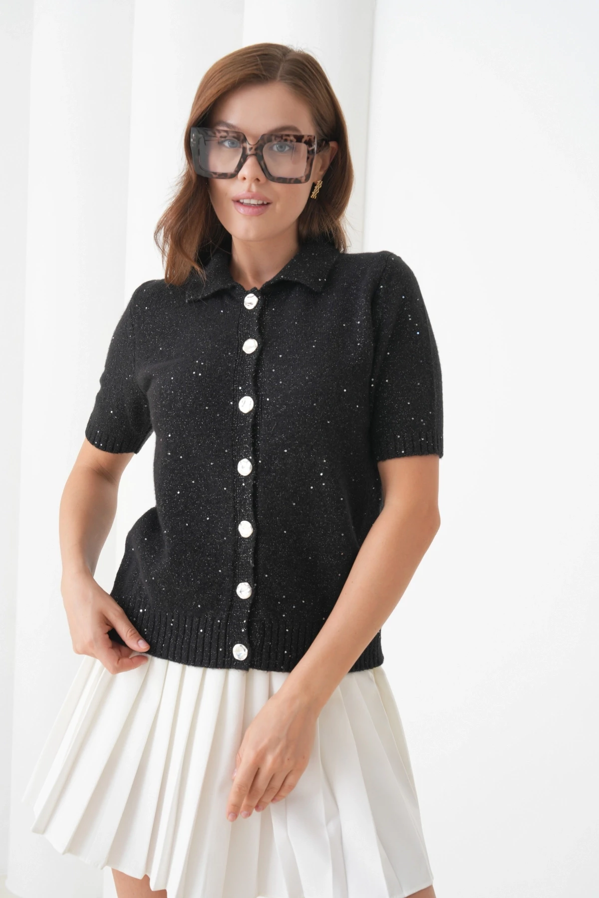 Kadın Polo Yaka Düğme Detay Kısa Kol Simli Triko Hırka