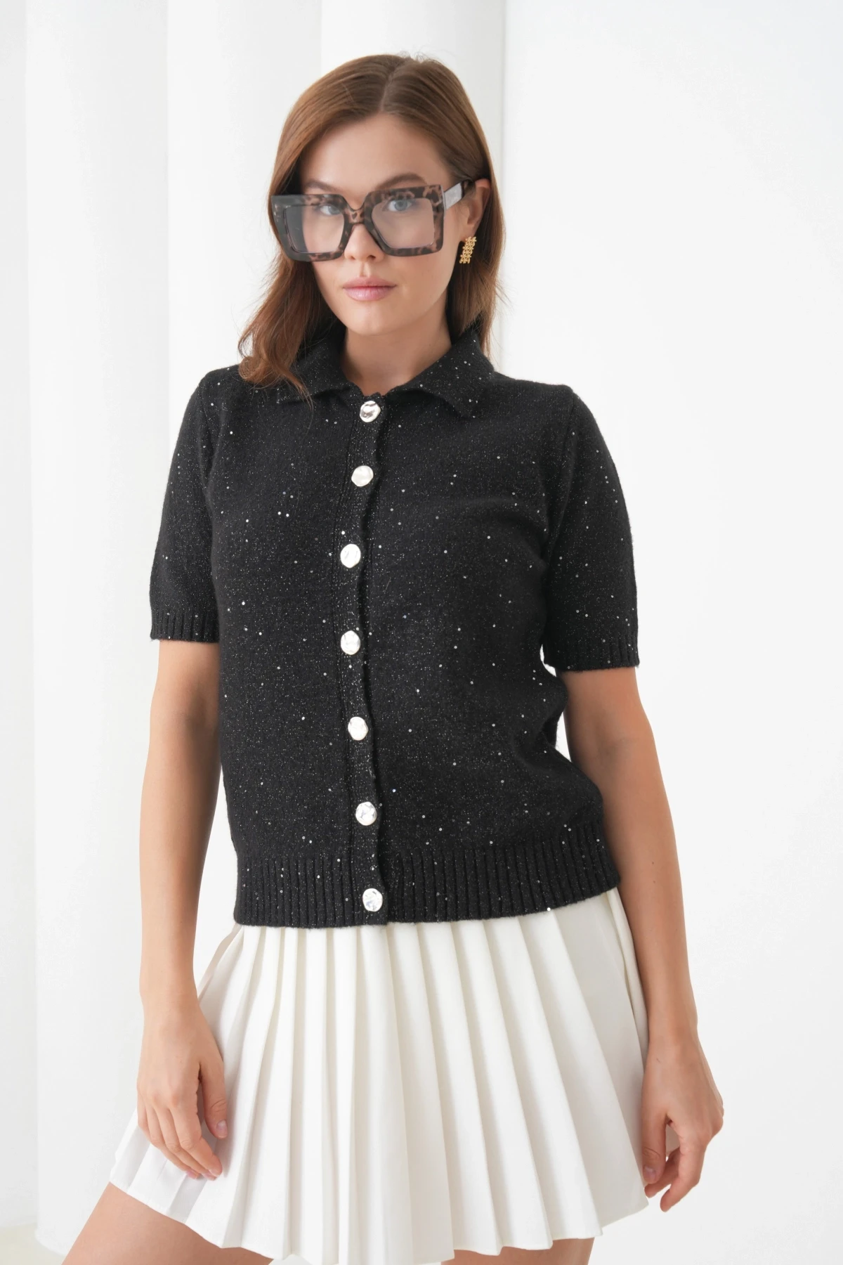 Kadın Polo Yaka Düğme Detay Kısa Kol Simli Triko Hırka