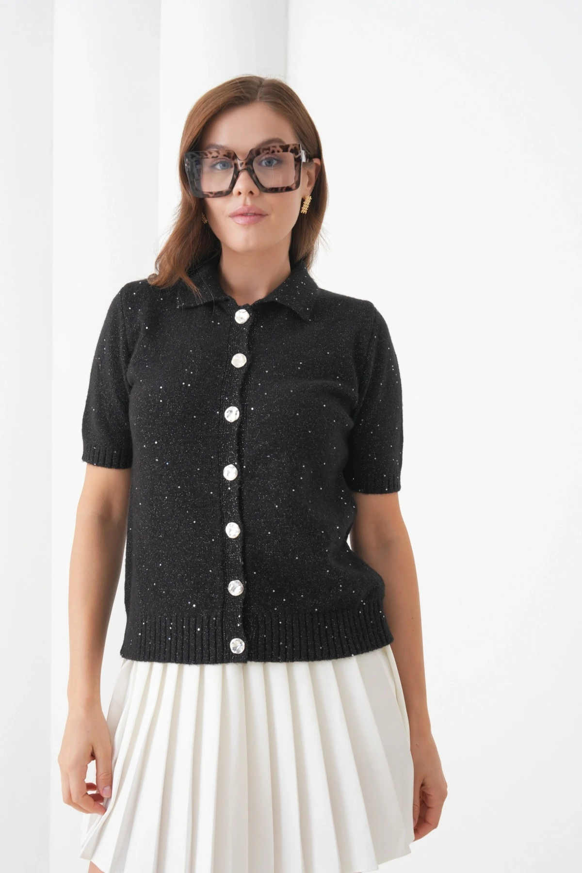 Kadın Polo Yaka Düğme Detay Kısa Kol Simli Triko Hırka