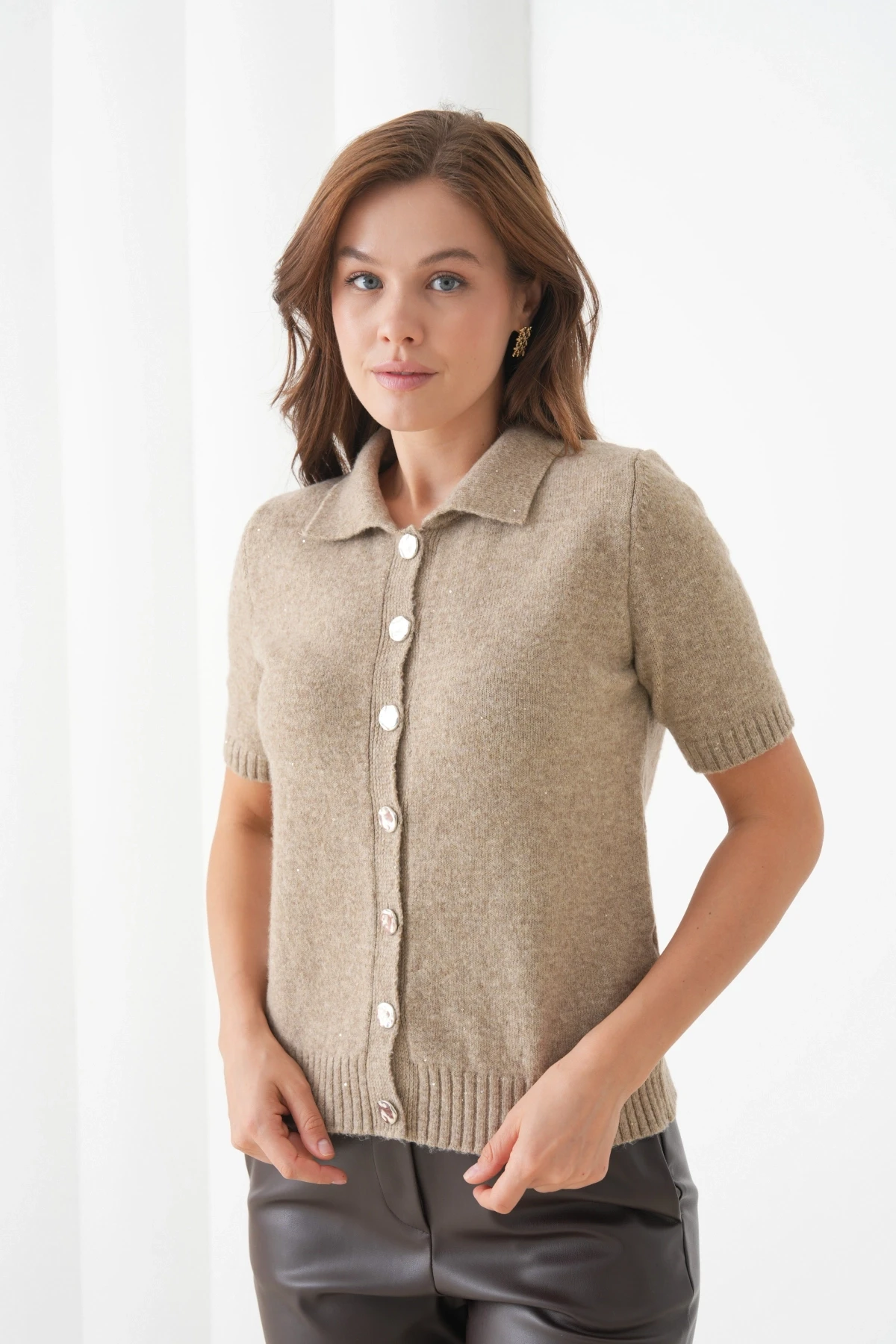 Kadın Polo Yaka Düğme Detay Kısa Kol Simli Triko Hırka