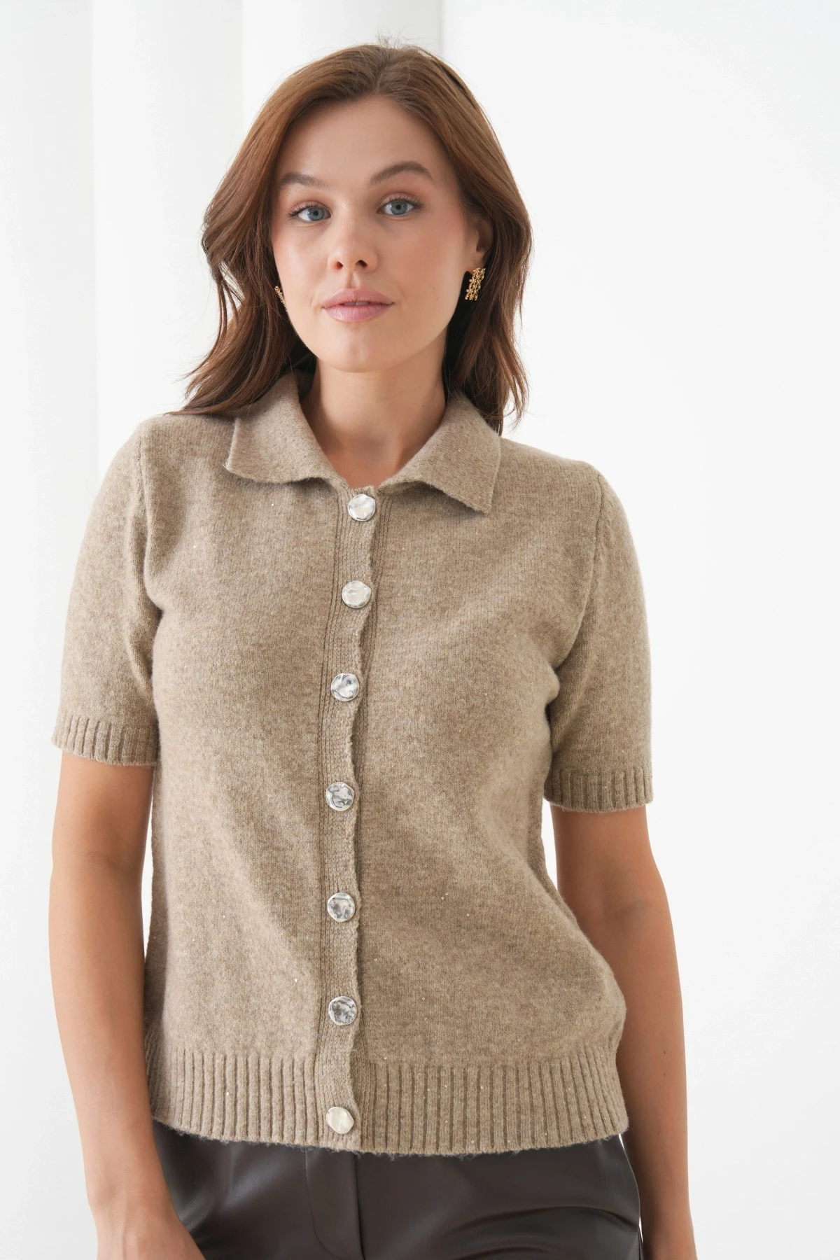 Kadın Polo Yaka Düğme Detay Kısa Kol Simli Triko Hırka