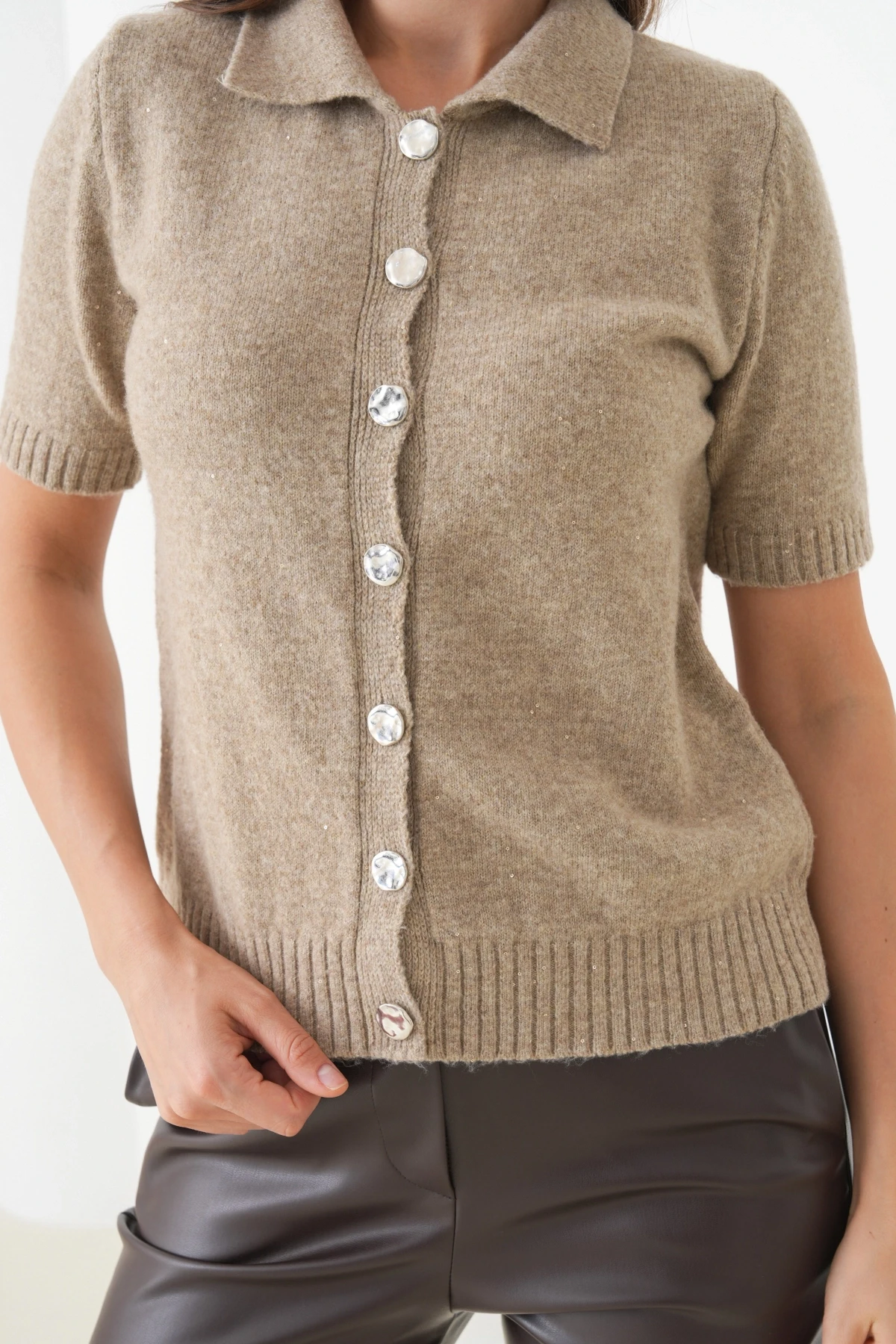 Kadın Polo Yaka Düğme Detay Kısa Kol Simli Triko Hırka