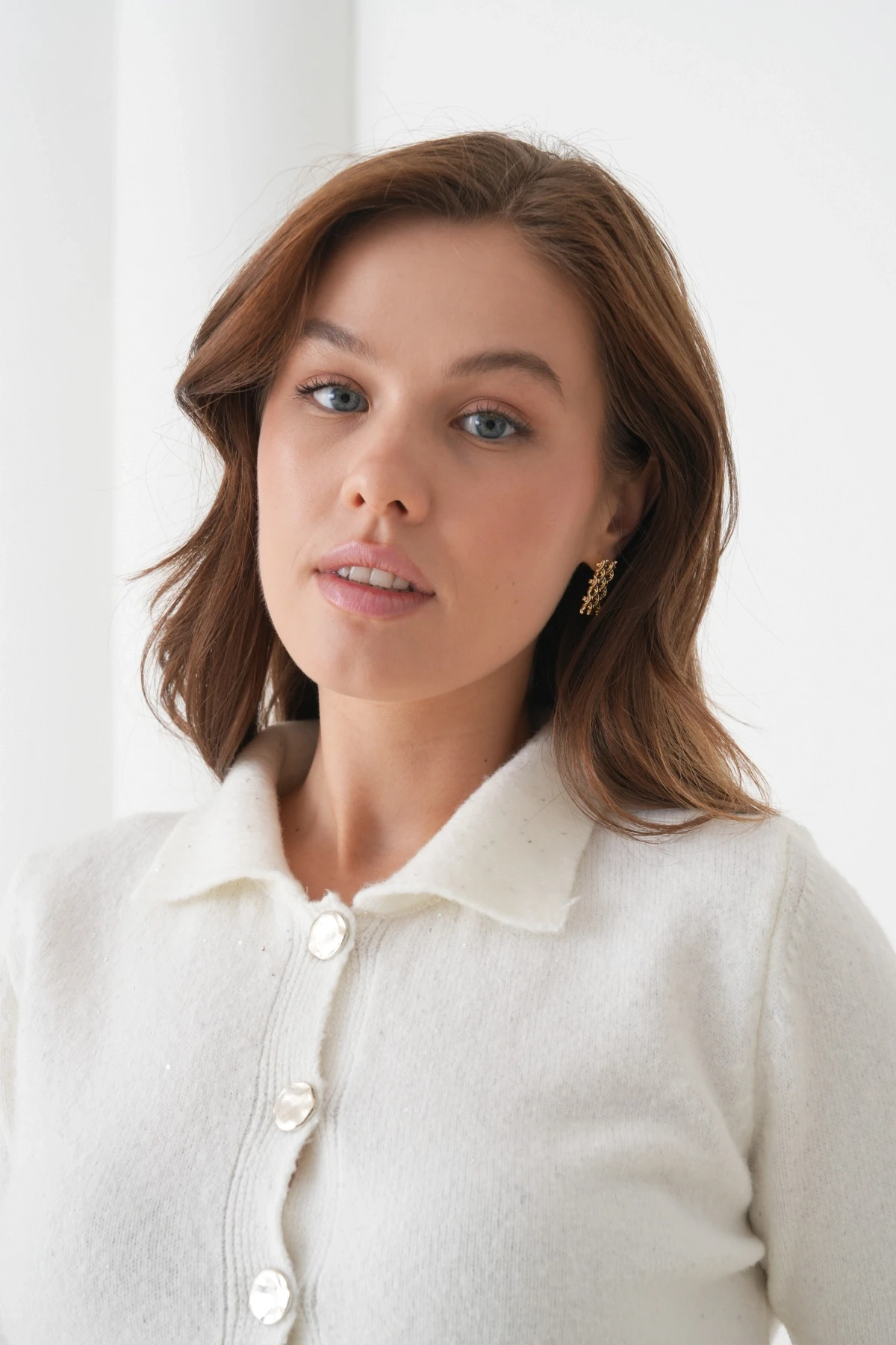 Kadın Polo Yaka Düğme Detay Kısa Kol Simli Triko Hırka