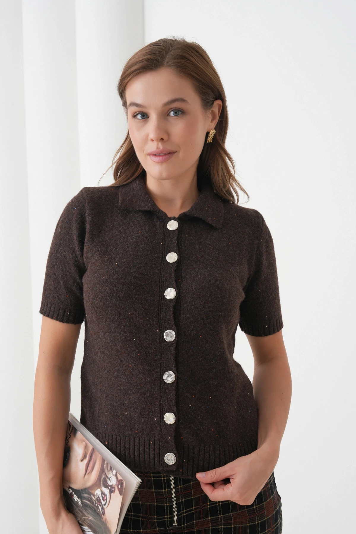 Kadın Polo Yaka Düğme Detay Kısa Kol Simli Triko Hırka