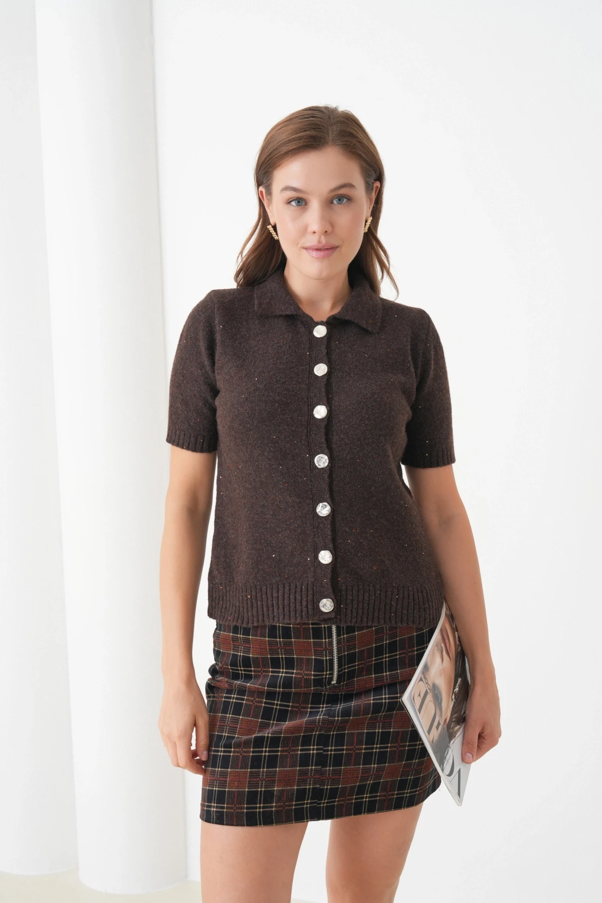 Kadın Polo Yaka Düğme Detay Kısa Kol Simli Triko Hırka