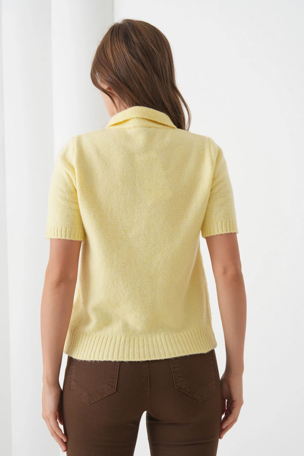 Kadın Polo Yaka Düğme Detay Kısa Kol Simli Triko Hırka