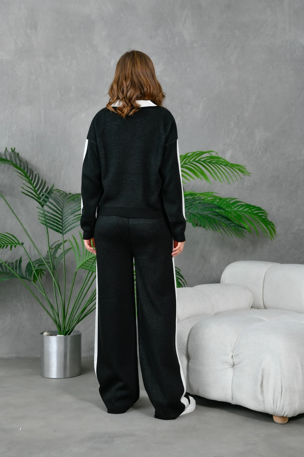 Kadın Polo Yaka Garnili Oversize Kazak Pantolon Alt-Üst Triko Takım