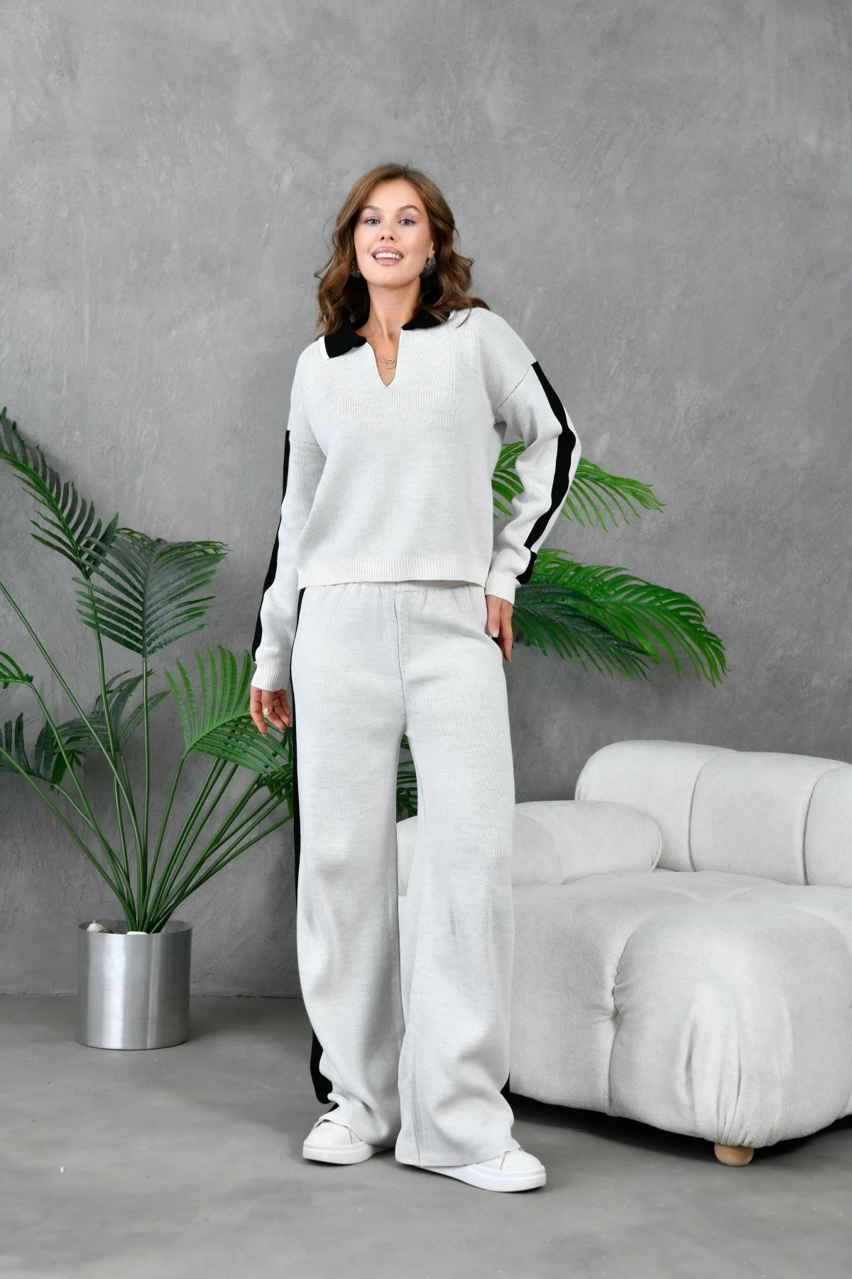 Kadın Polo Yaka Garnili Oversize Kazak Pantolon Alt-Üst Triko Takım