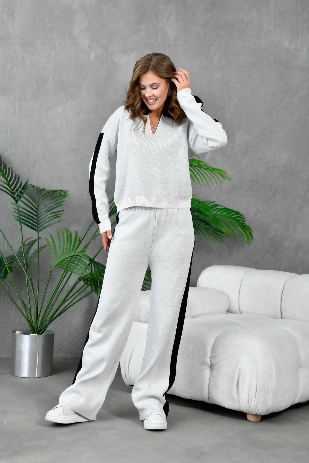 Kadın Polo Yaka Garnili Oversize Kazak Pantolon Alt-Üst Triko Takım