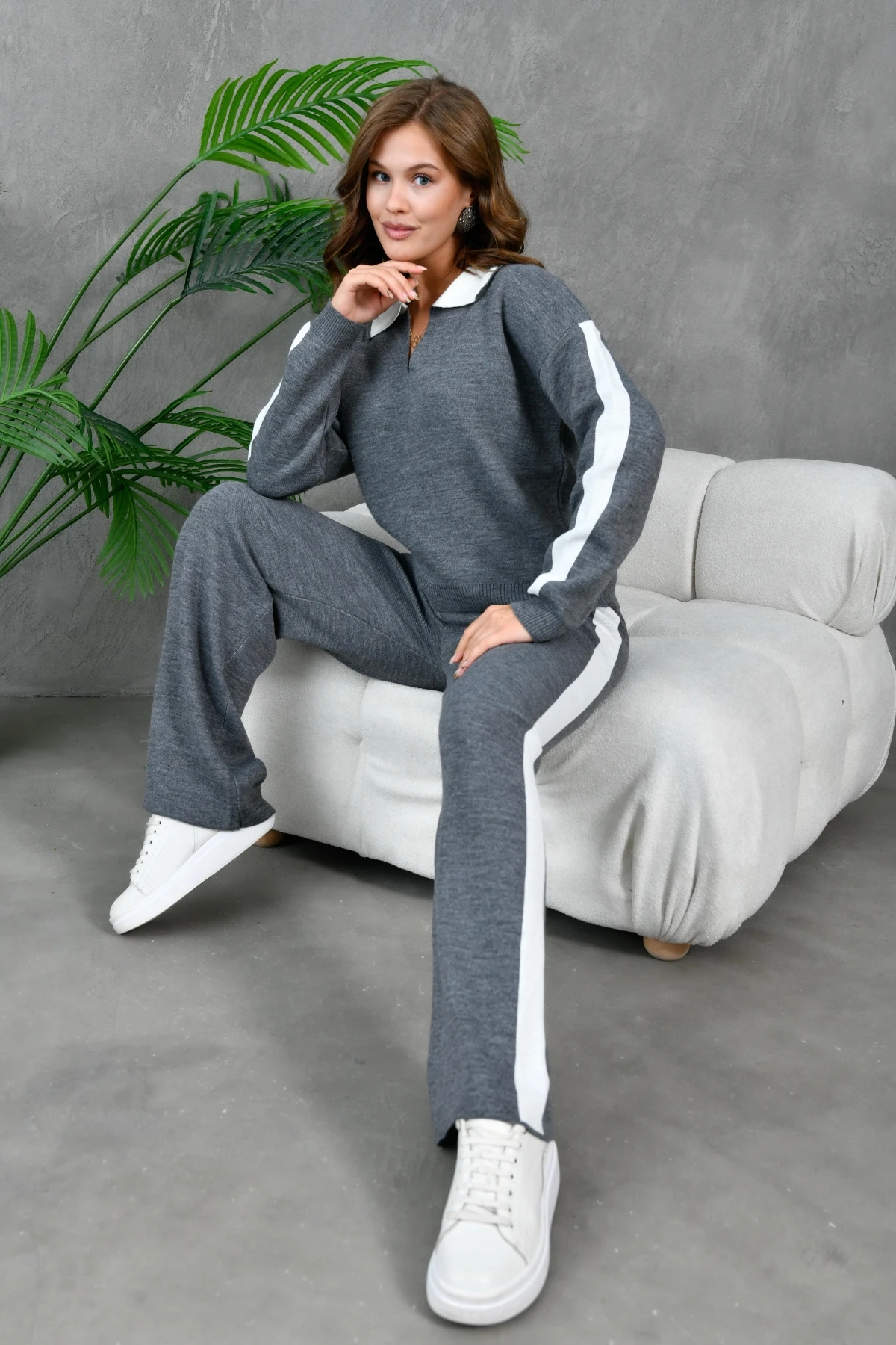 Kadın Polo Yaka Garnili Oversize Kazak Pantolon Alt-Üst Triko Takım