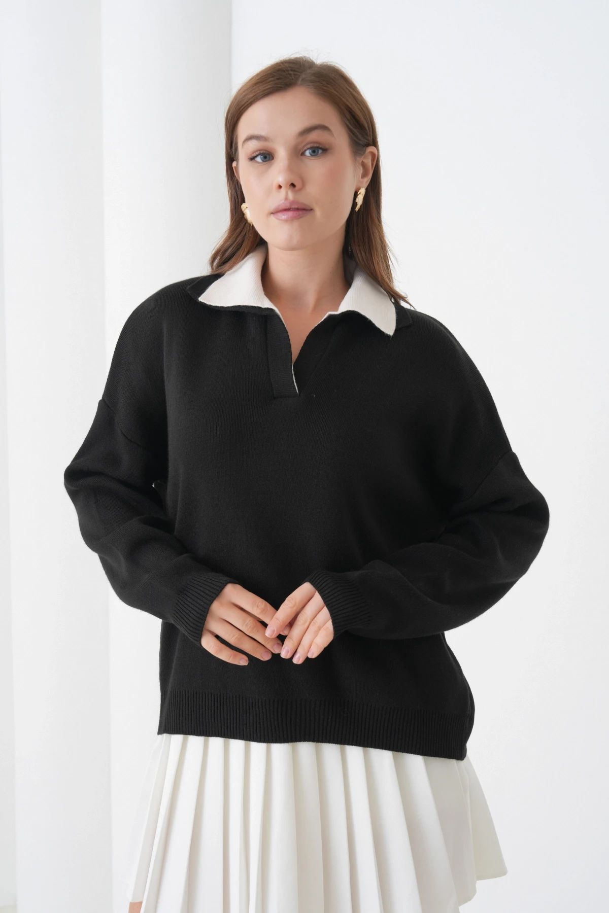 Kadın Polo Yaka Garnili Yumuşak Dokulu Triko Kazak