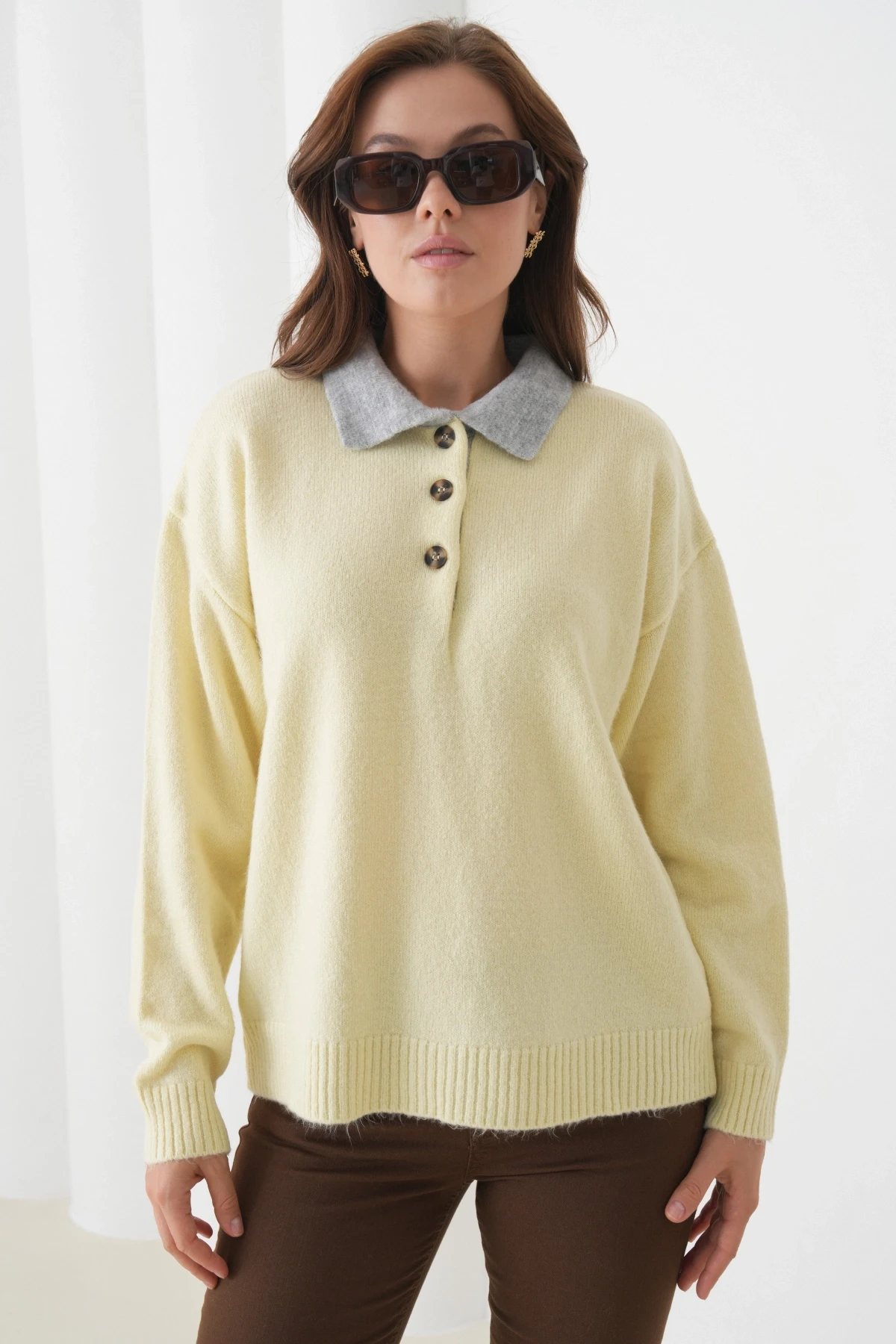 Kadın Polo Yaka Yarım Pat Düğmeli Triko Kazak