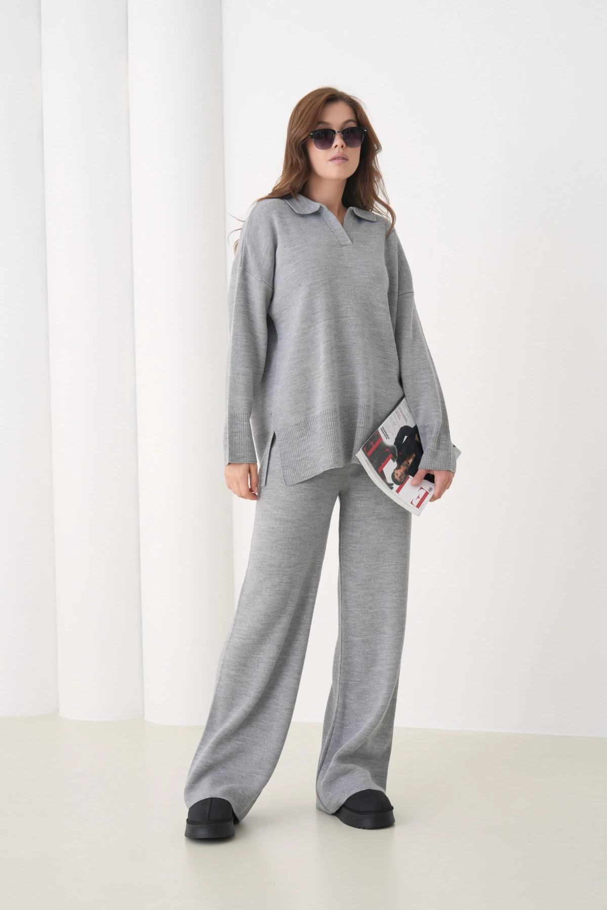 Kadın Polo Yaka Yırtmaçlı Oversize Kazak Palazzo Pantolon Triko Alt-Üst Takım