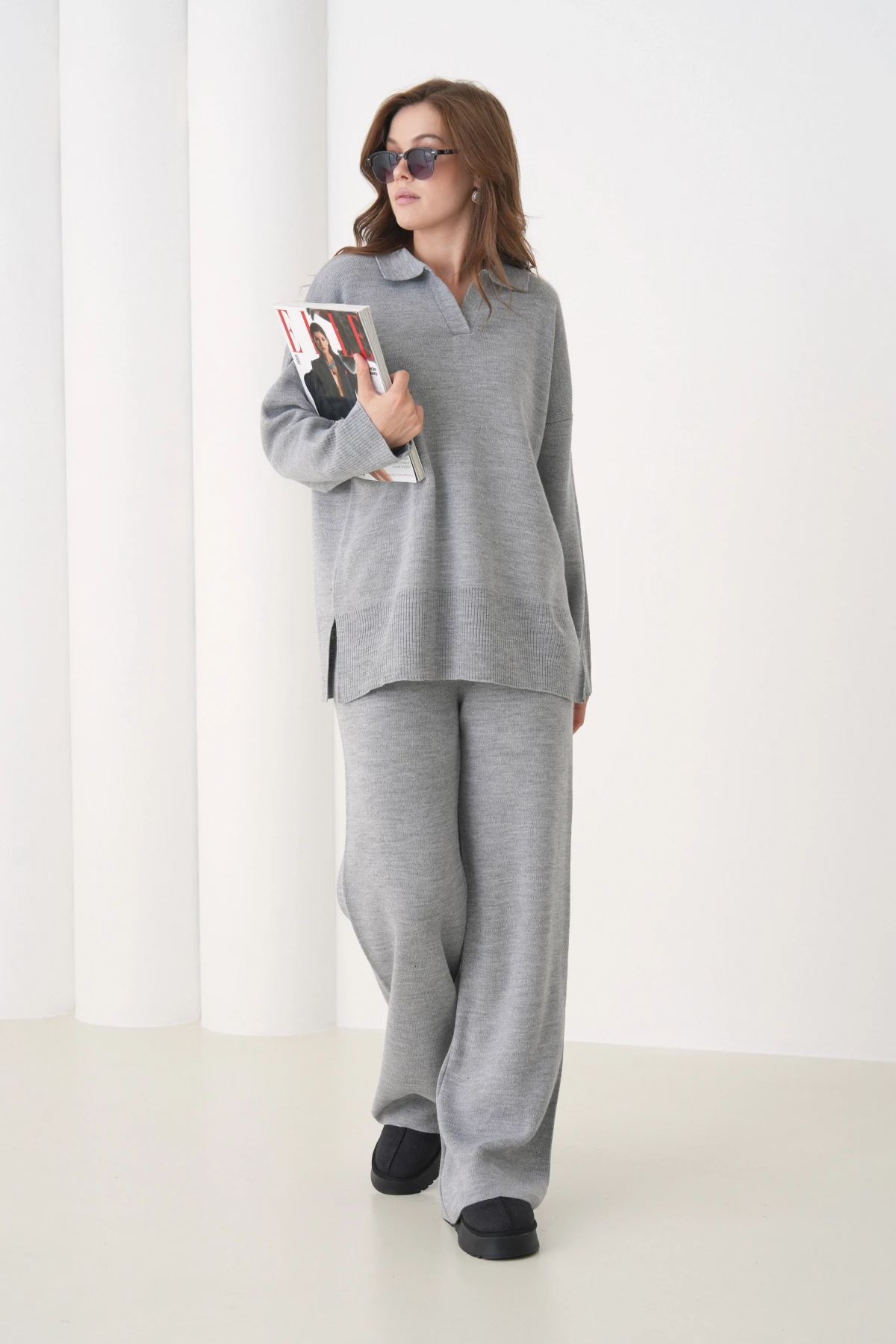 Kadın Polo Yaka Yırtmaçlı Oversize Kazak Palazzo Pantolon Triko Alt-Üst Takım