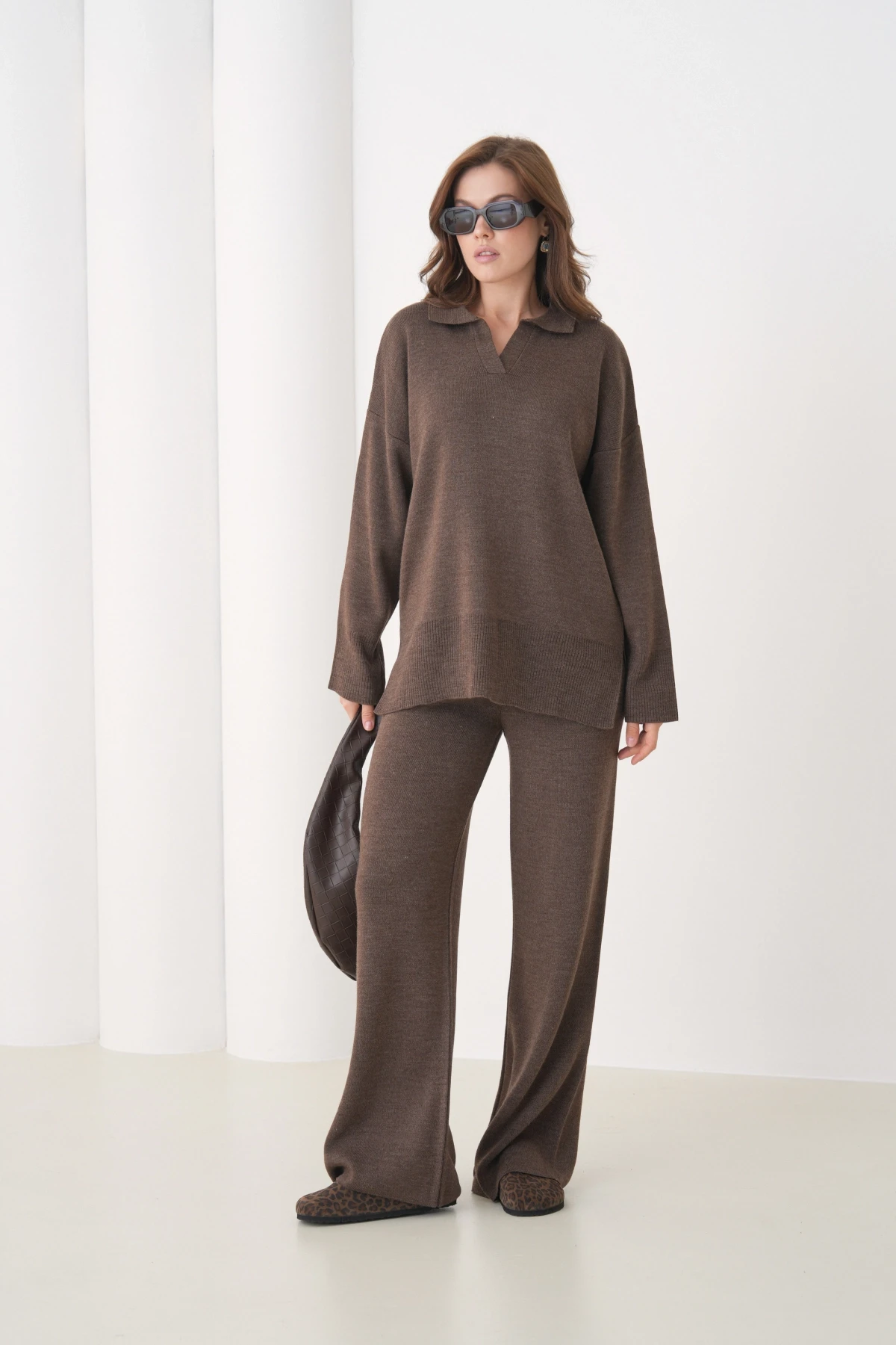 Kadın Polo Yaka Yırtmaçlı Oversize Kazak Palazzo Pantolon Triko Alt-Üst Takım