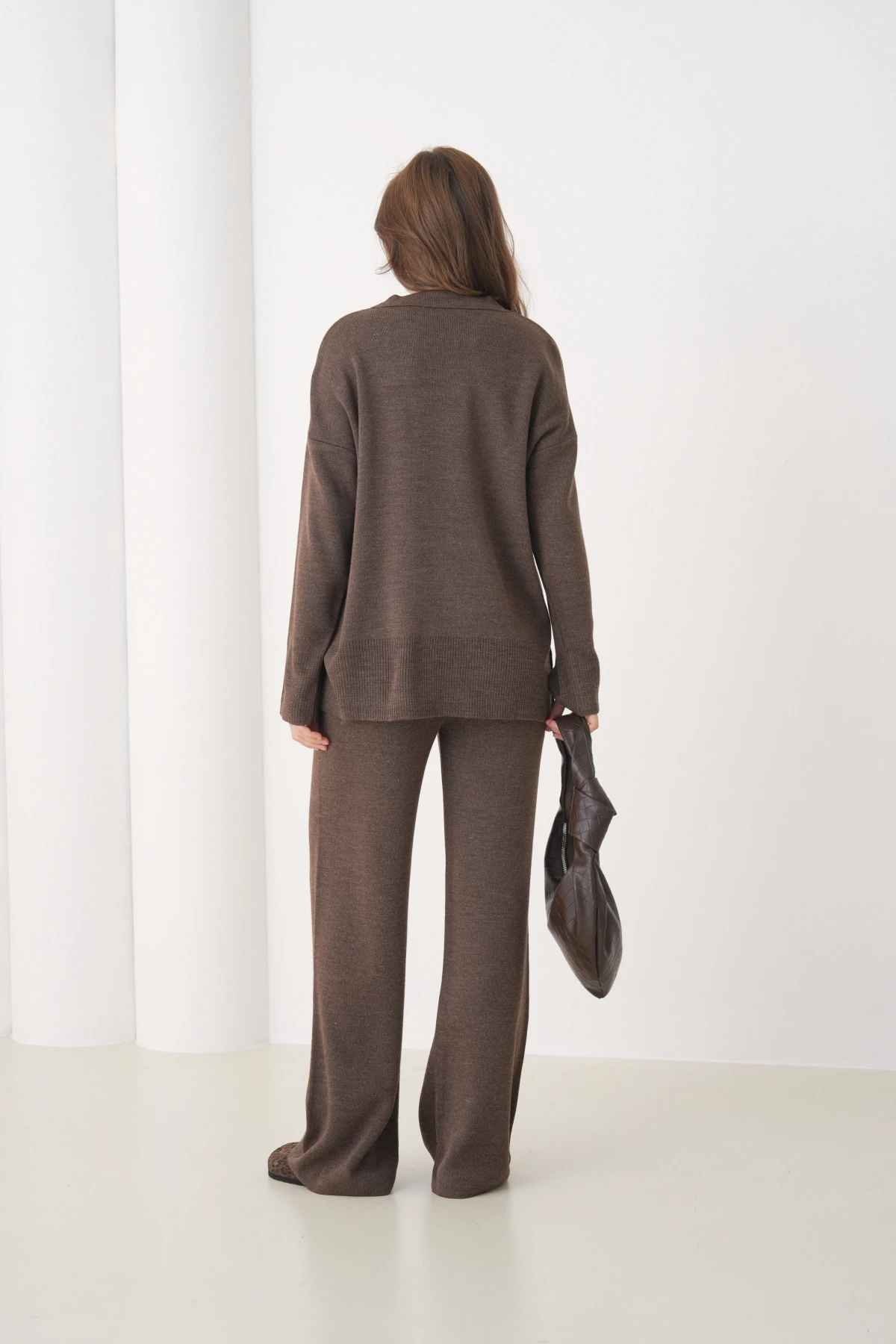 Kadın Polo Yaka Yırtmaçlı Oversize Kazak Palazzo Pantolon Triko Alt-Üst Takım