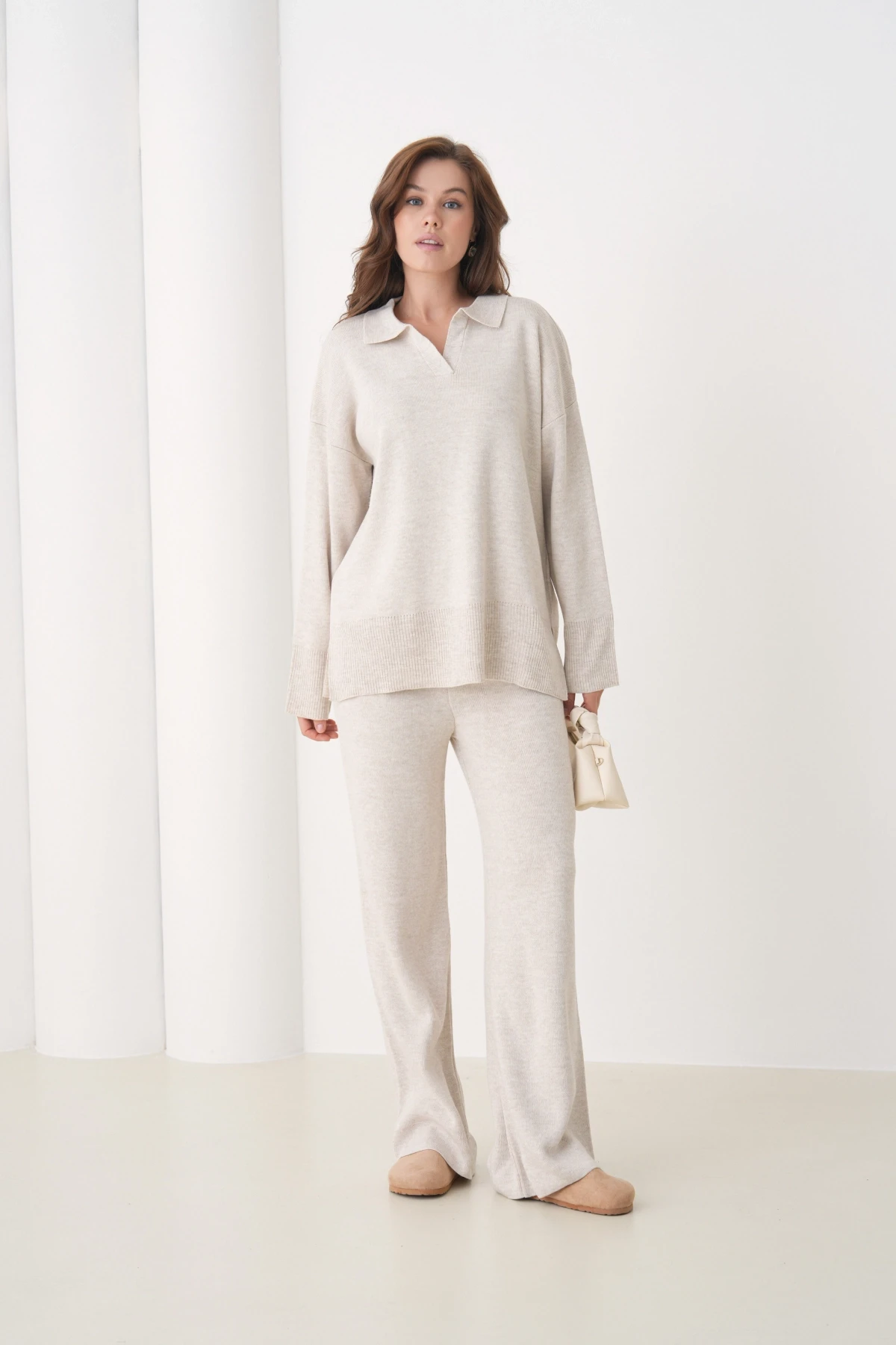 Kadın Polo Yaka Yırtmaçlı Oversize Kazak Palazzo Pantolon Triko Alt-Üst Takım