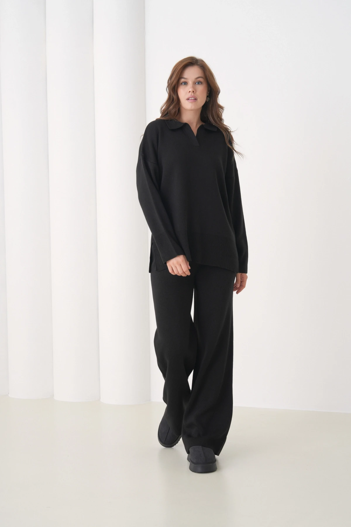 Kadın Polo Yaka Yırtmaçlı Oversize Kazak Palazzo Pantolon Triko Alt-Üst Takım