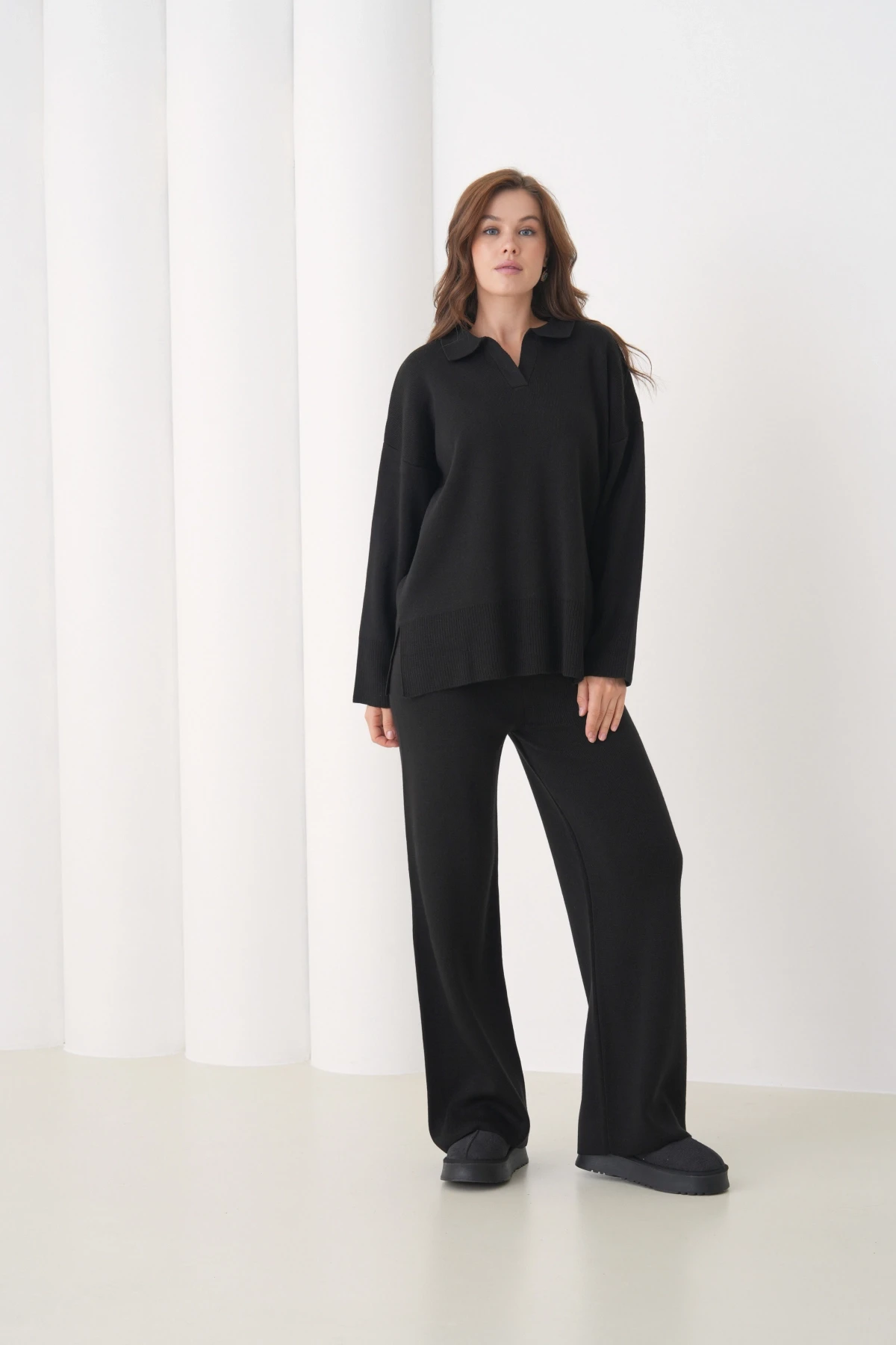 Kadın Polo Yaka Yırtmaçlı Oversize Kazak Palazzo Pantolon Triko Alt-Üst Takım