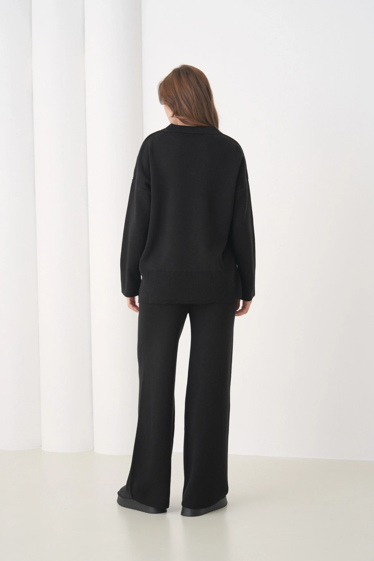 Kadın Polo Yaka Yırtmaçlı Oversize Kazak Palazzo Pantolon Triko Alt-Üst Takım