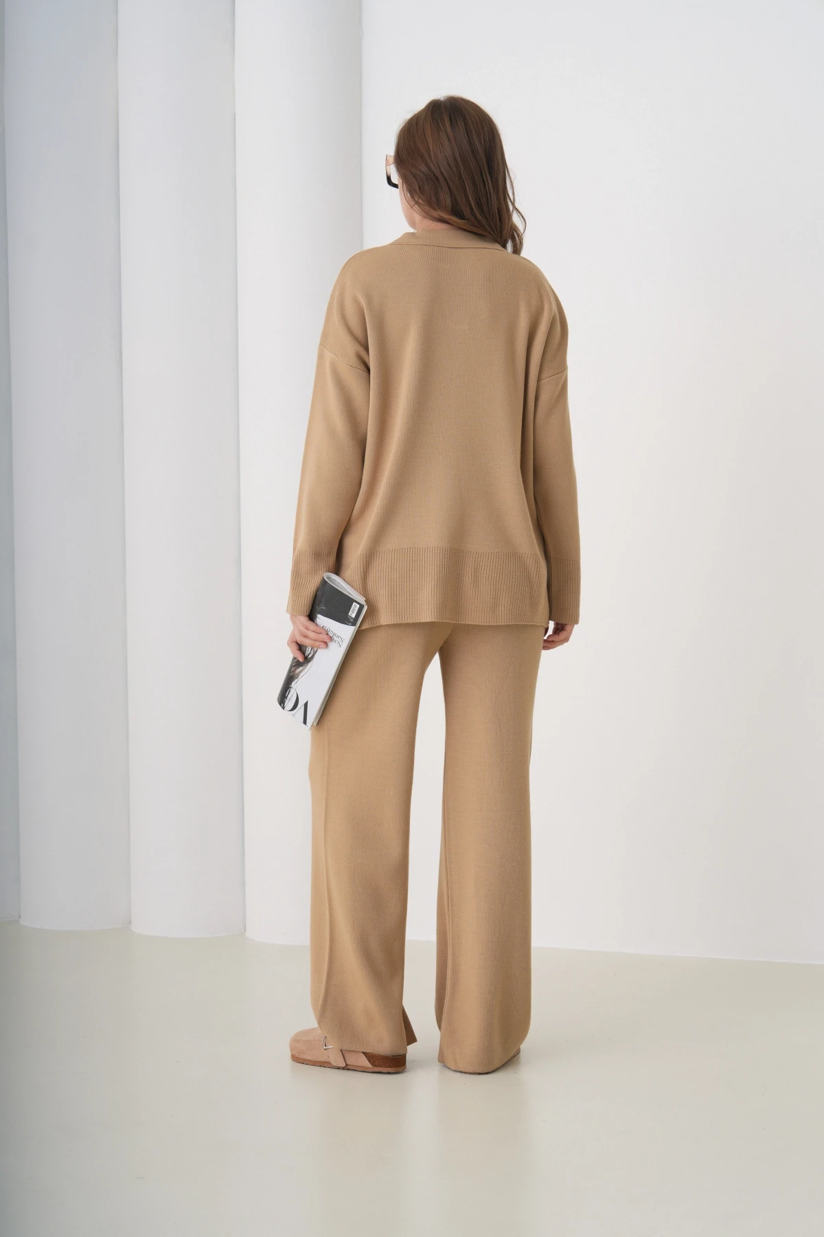 Kadın Polo Yaka Yırtmaçlı Oversize Kazak Palazzo Pantolon Triko Alt-Üst Takım