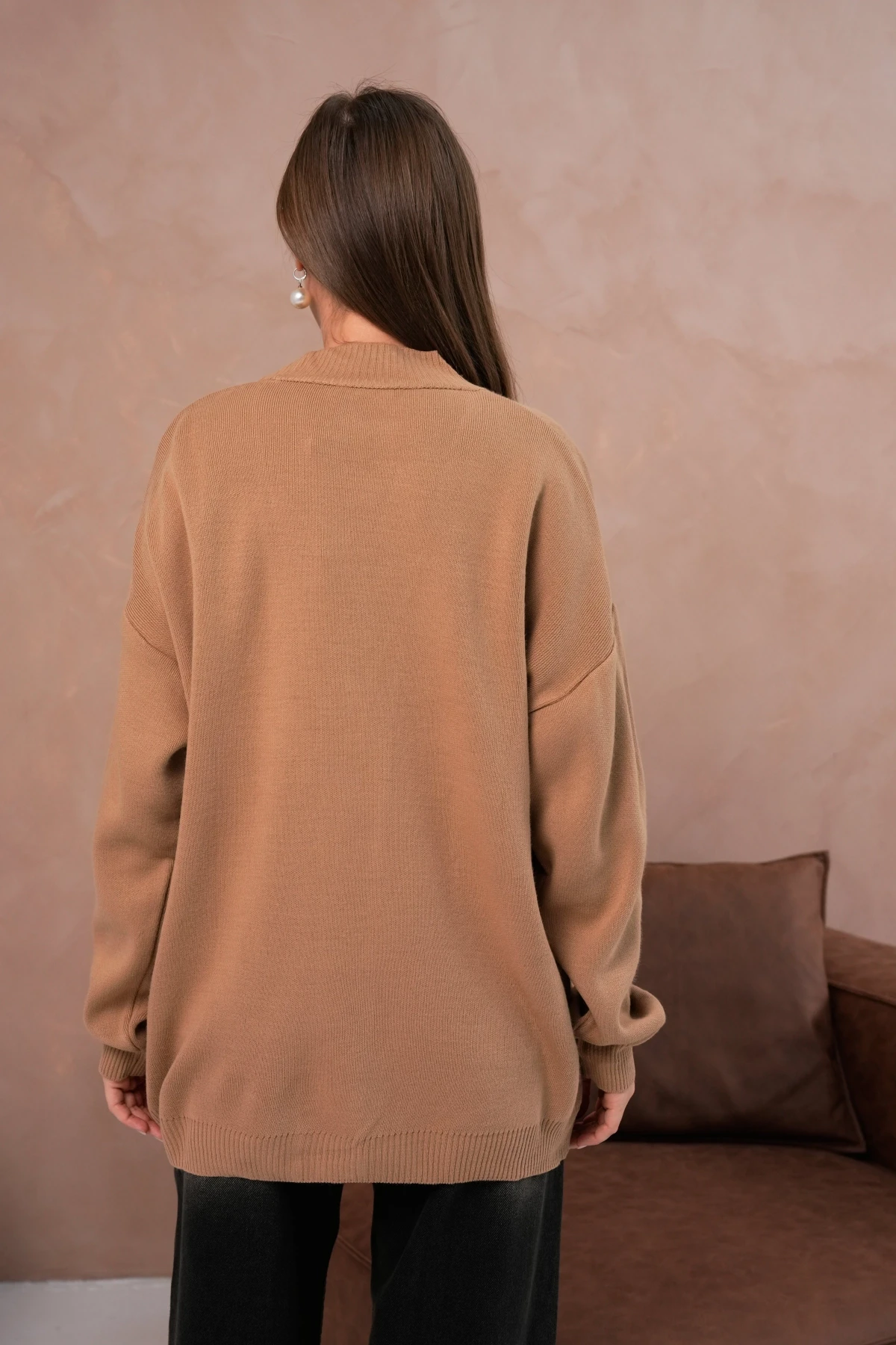 Kadın V Yaka Düğme Kapama Nakışlı Oversize Triko Hırka