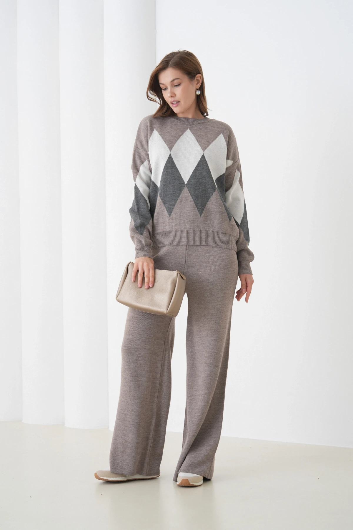 Kadın Vizon Bisiklet Yaka Baklava Desenli Kazak Pantolon Triko Alt-Üst Takım