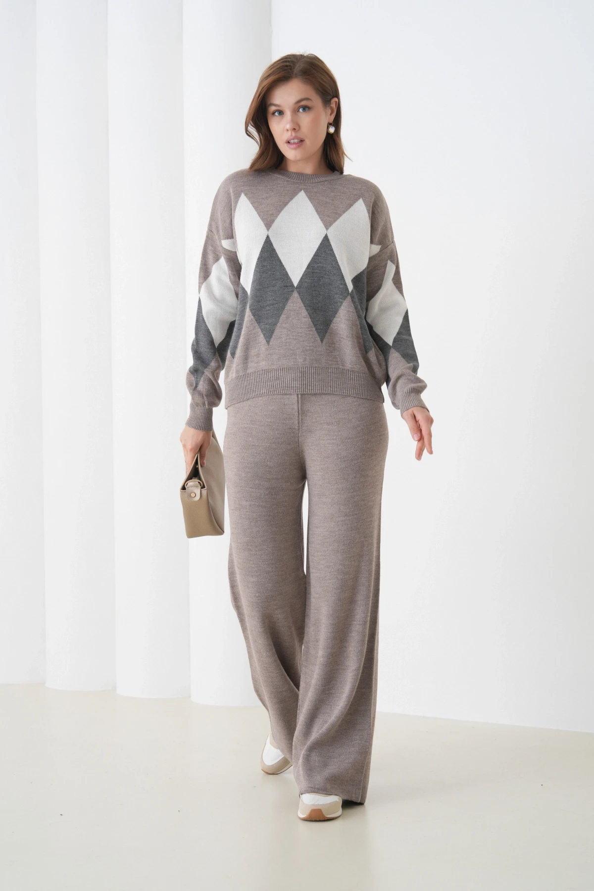 Kadın Vizon Bisiklet Yaka Baklava Desenli Kazak Pantolon Triko Alt-Üst Takım