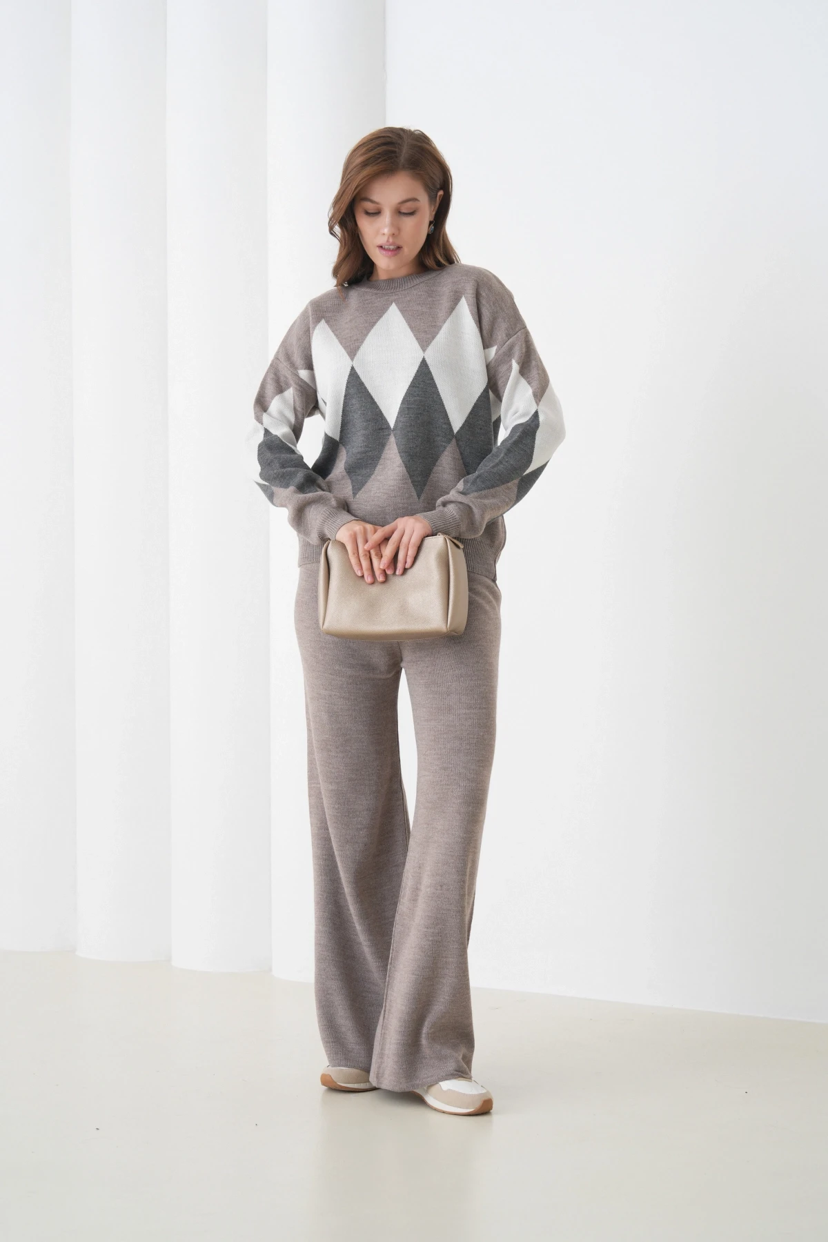 Kadın Vizon Bisiklet Yaka Baklava Desenli Kazak Pantolon Triko Alt-Üst Takım