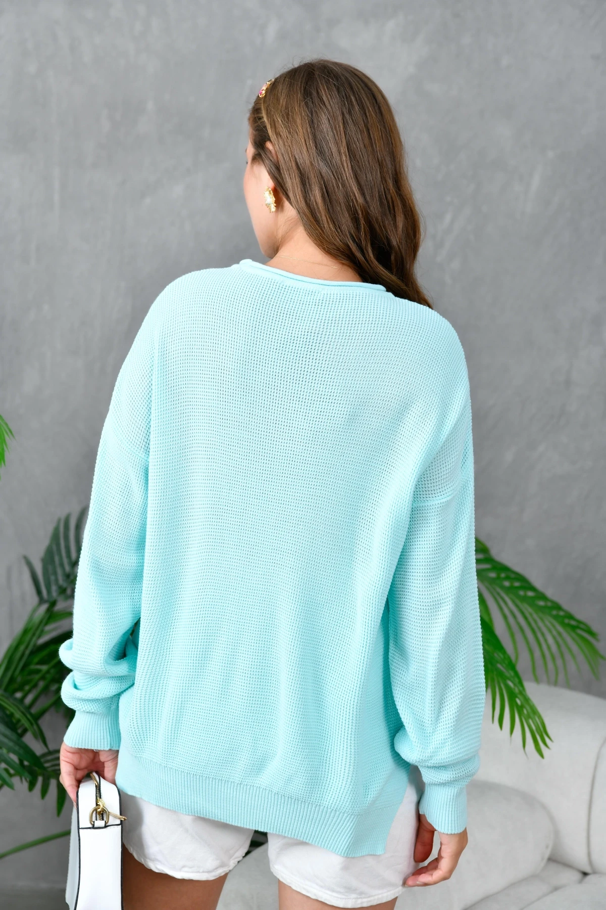 Bisiklet Yaka Arkası Uzun Yırtmaçlı Mevsimlik Triko Kazak