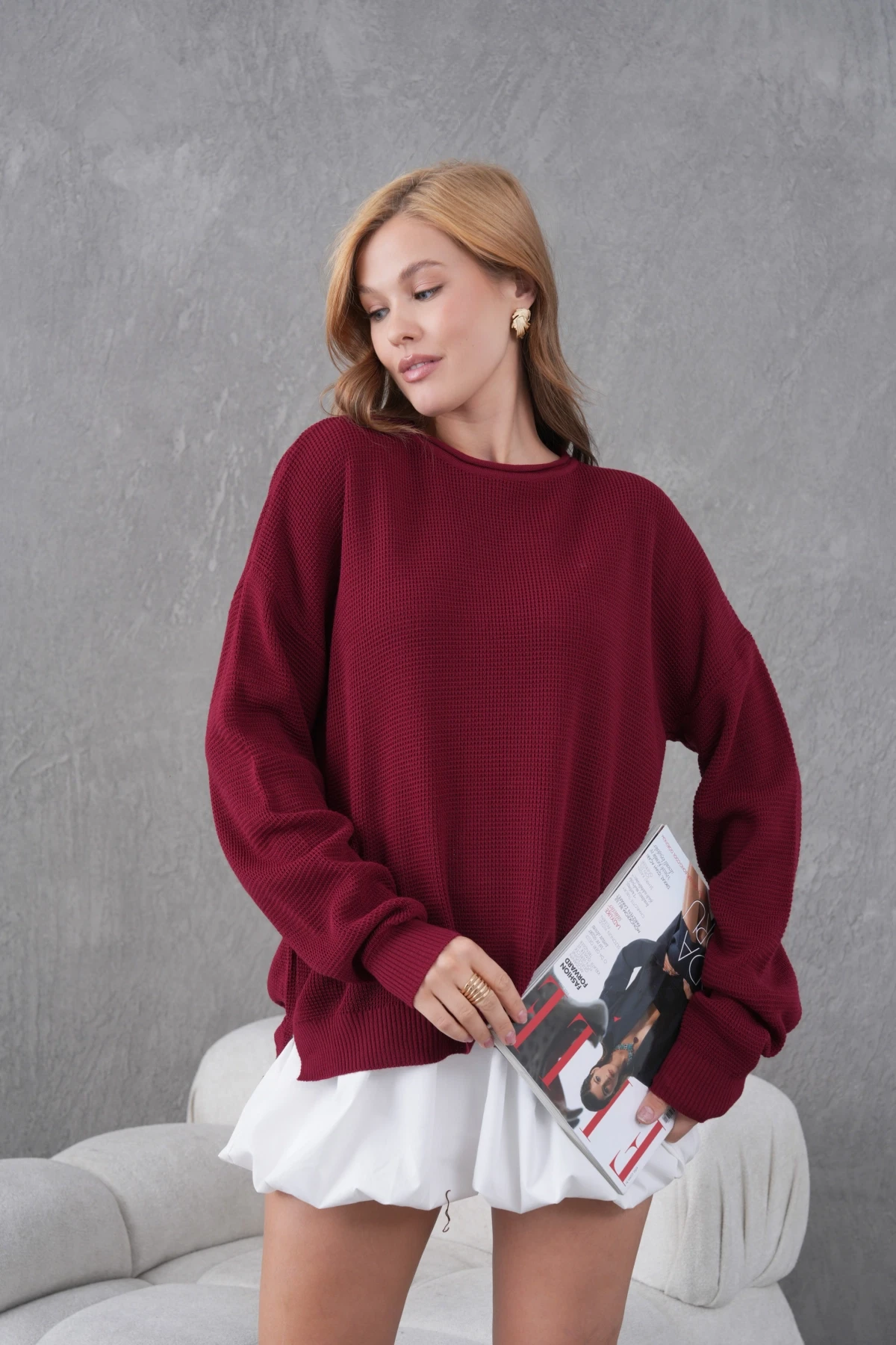 Bisiklet Yaka Arkası Uzun Yırtmaçlı Mevsimlik Triko Kazak