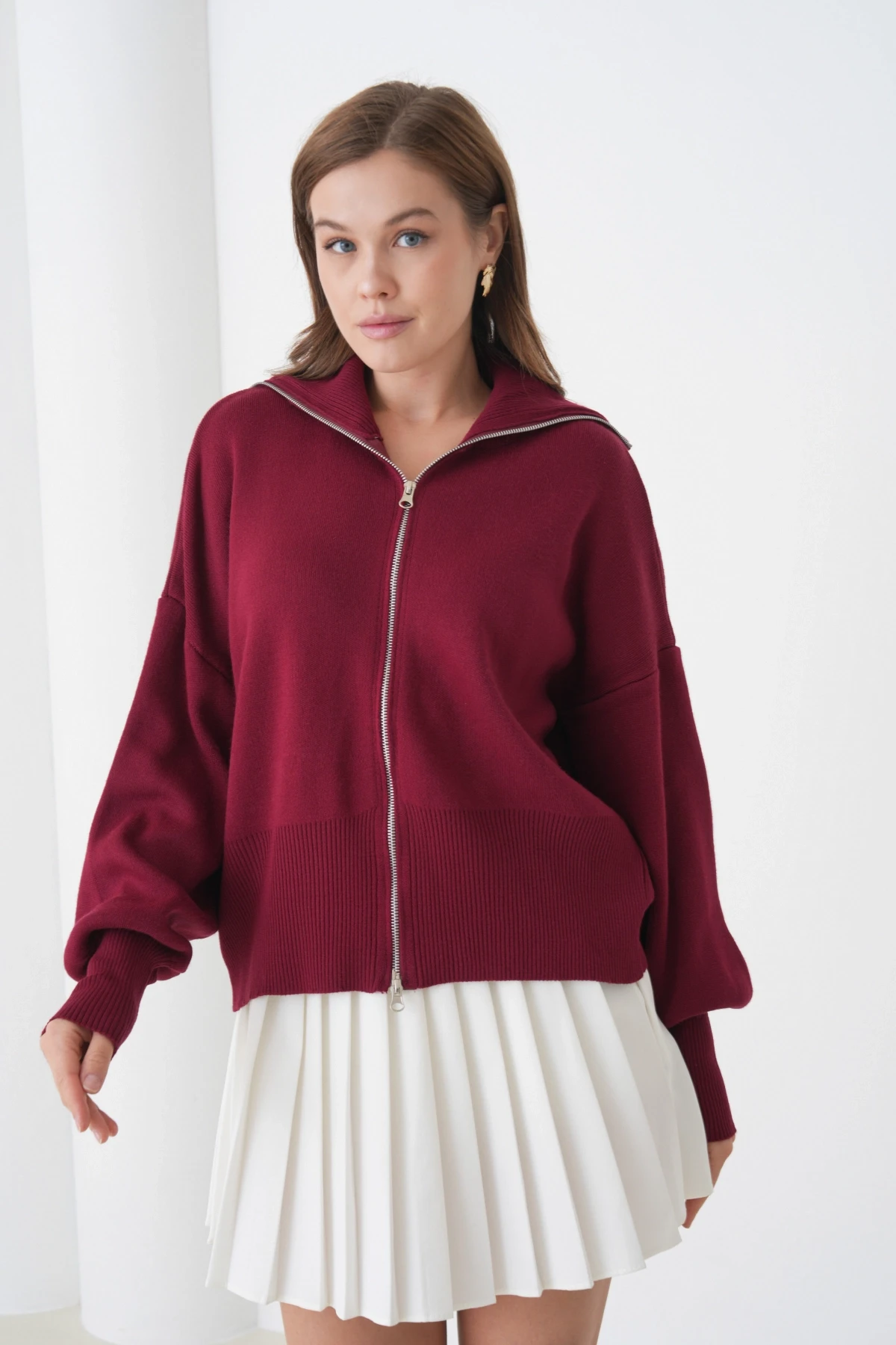 Kadın Balıkçı Yaka Fermuar Kapama Örgü Detay Triko Ceket