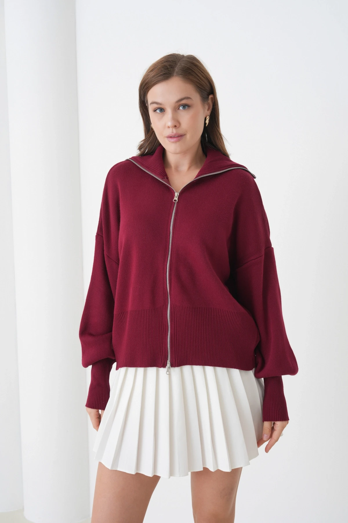 Kadın Balıkçı Yaka Fermuar Kapama Örgü Detay Triko Ceket