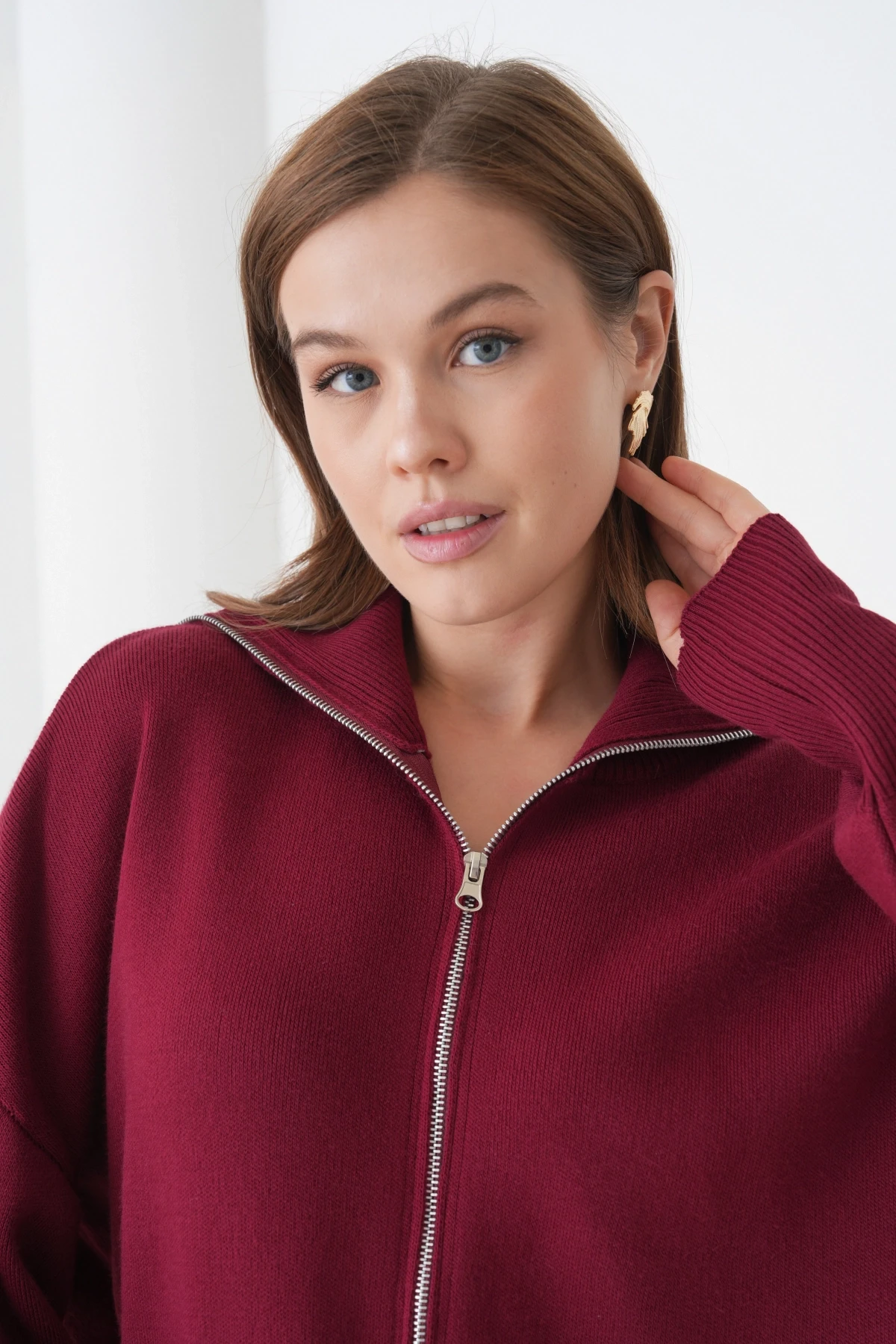 Kadın Balıkçı Yaka Fermuar Kapama Örgü Detay Triko Ceket