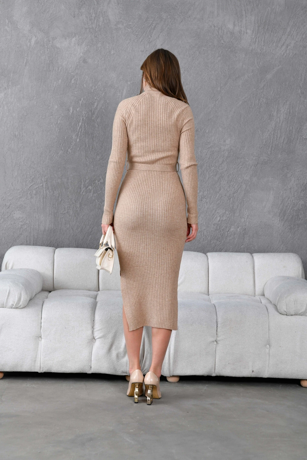 Kadın Balıkçı Yaka Kaşkorse Slim Fit Yırtmaçlı Triko Elbise