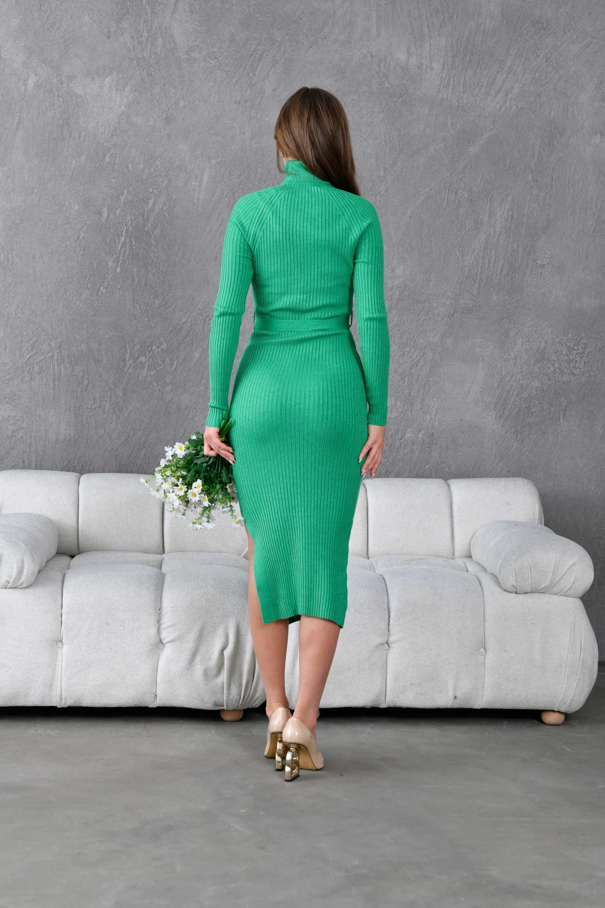 Kadın Balıkçı Yaka Kaşkorse Slim Fit Yırtmaçlı Triko Elbise