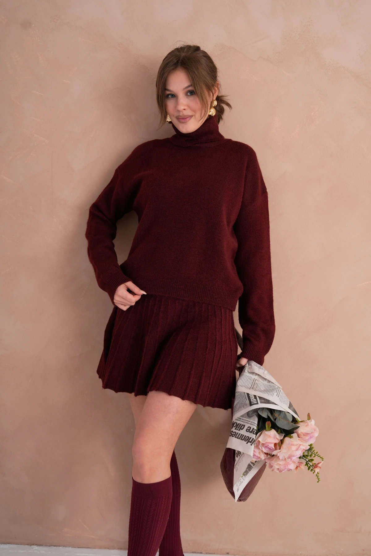 Kadın Balıkçı Yaka Örgü Detay Kazak Etek İkili Triko Takım