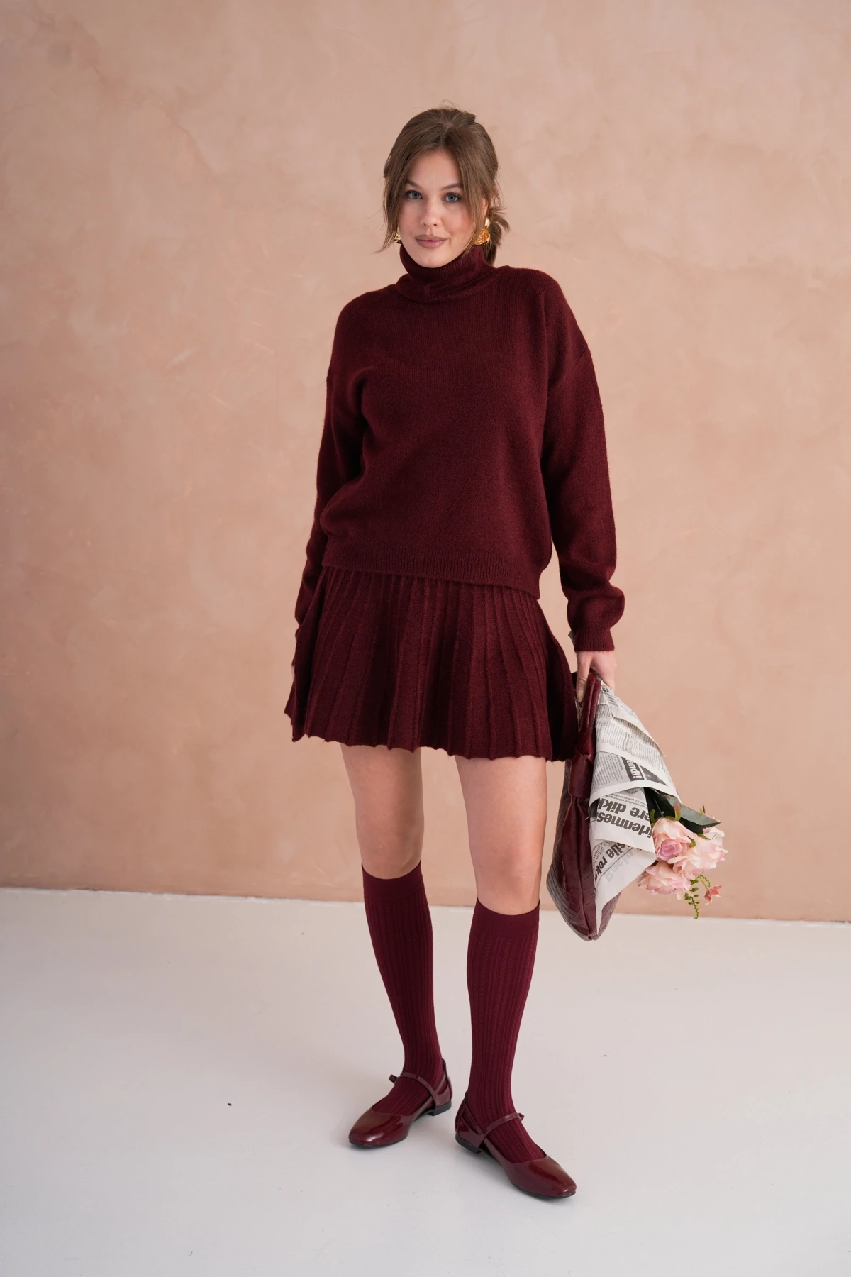 Kadın Balıkçı Yaka Örgü Detay Kazak Etek İkili Triko Takım