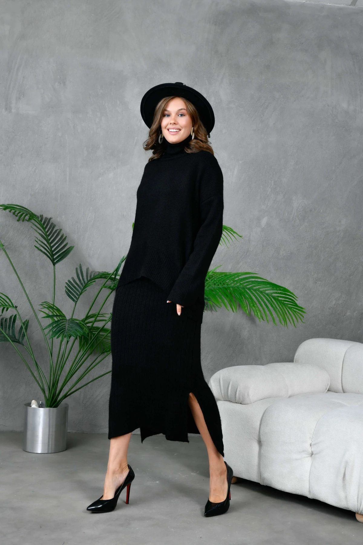 Kadın Balıkçı Yaka Oversize Kazak Uzun Etek İkili Triko Takım