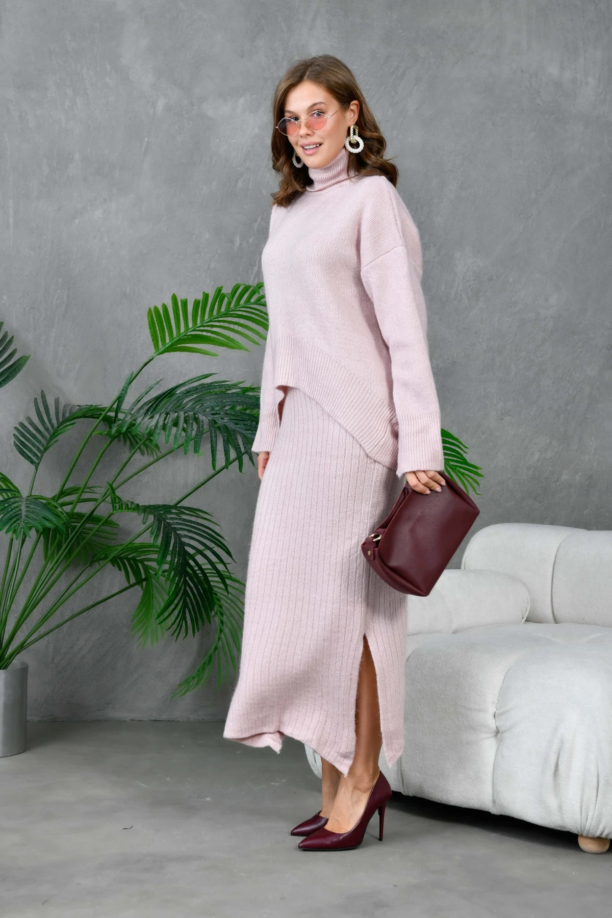 Kadın Balıkçı Yaka Oversize Kazak Uzun Etek İkili Triko Takım