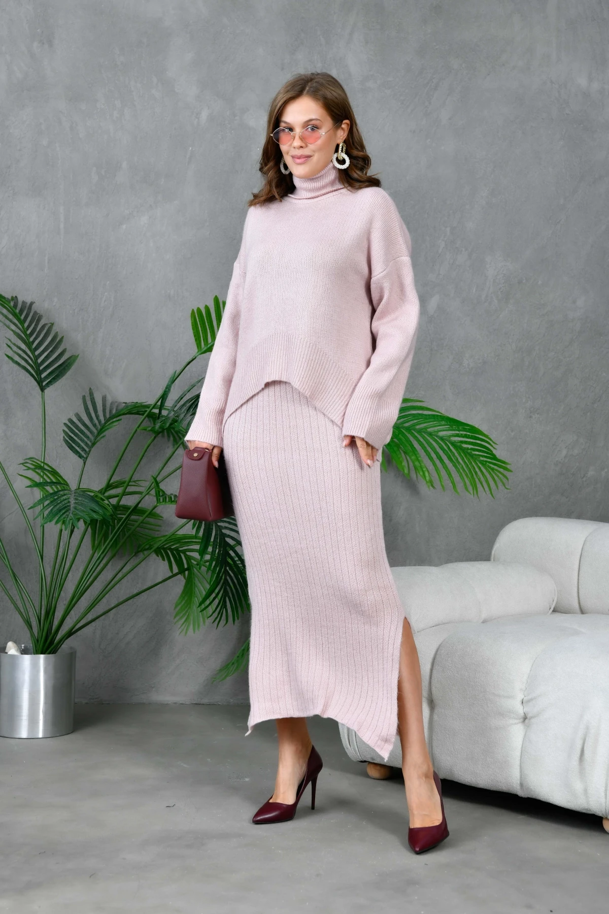 Kadın Balıkçı Yaka Oversize Kazak Uzun Etek İkili Triko Takım