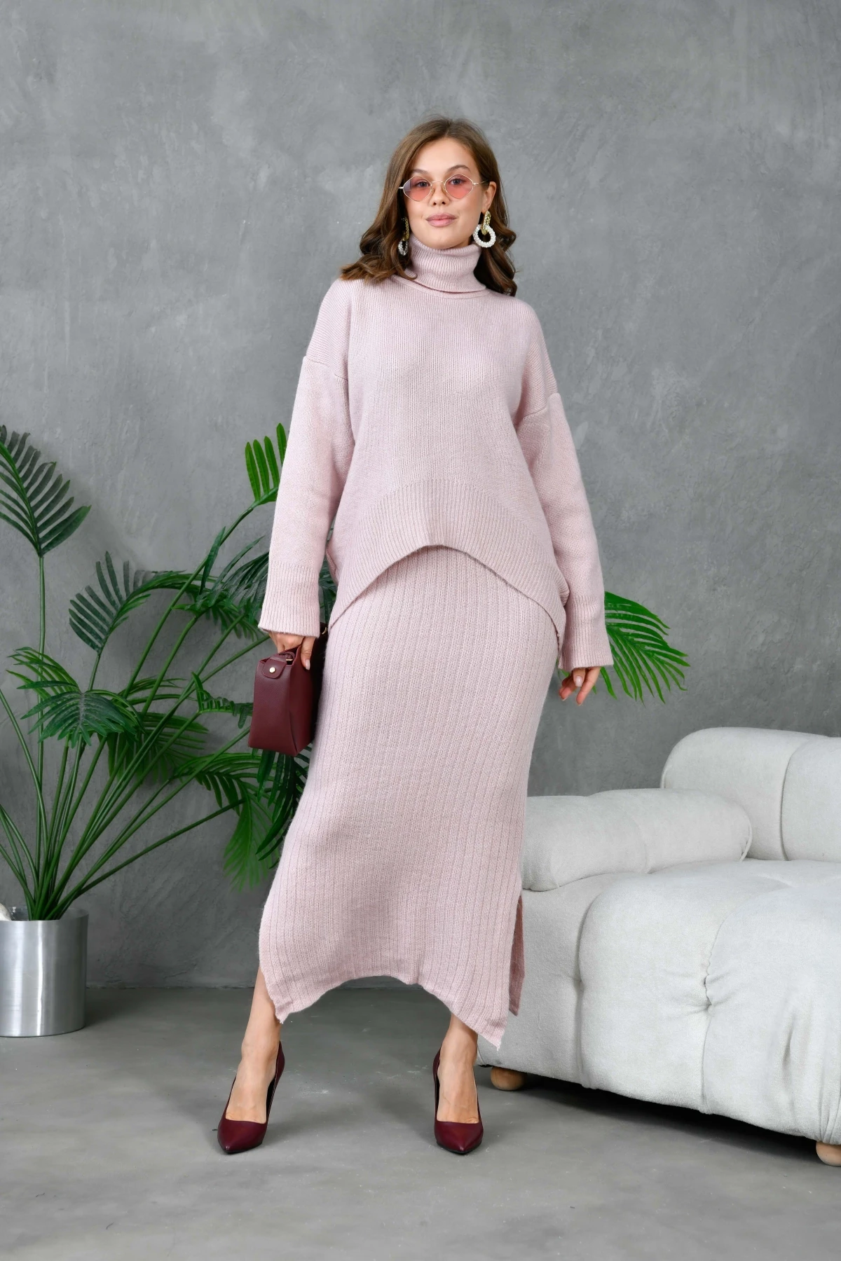 Kadın Balıkçı Yaka Oversize Kazak Uzun Etek İkili Triko Takım