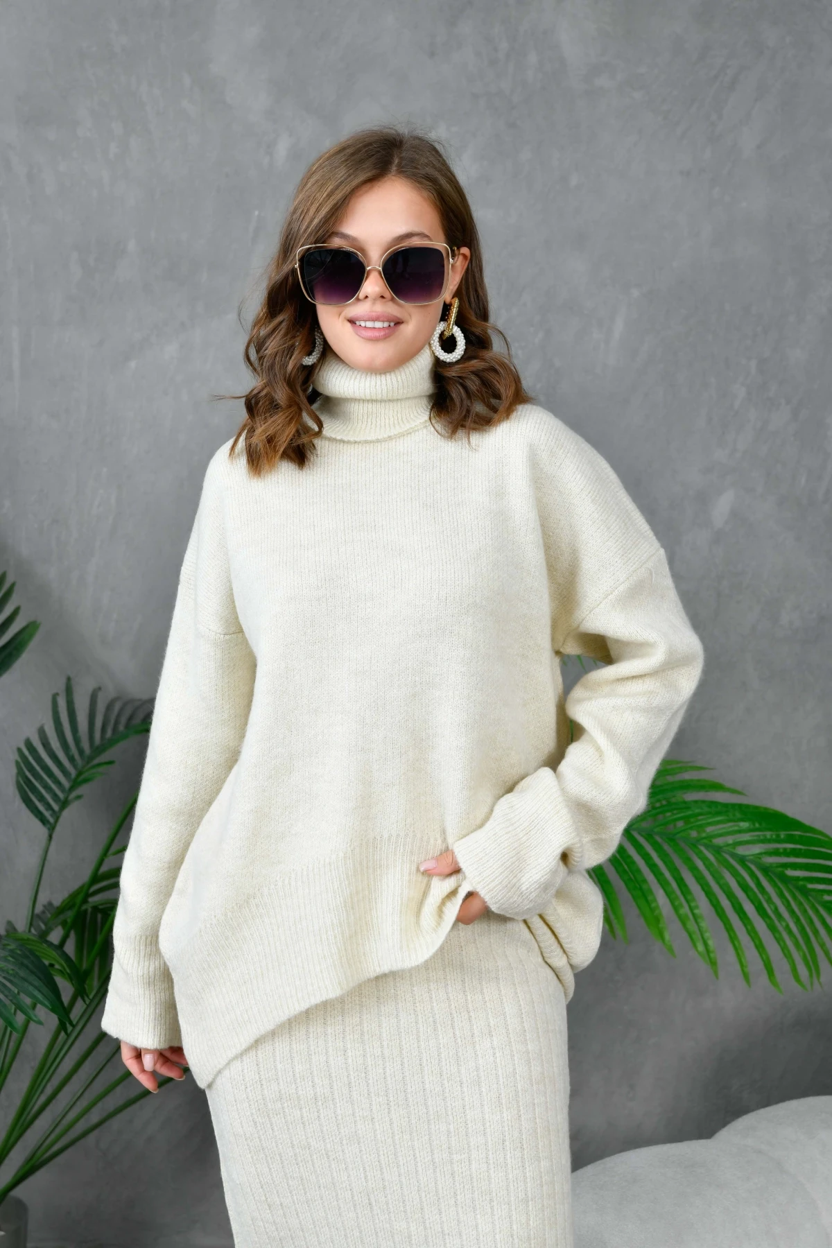 Kadın Balıkçı Yaka Oversize Kazak Uzun Etek İkili Triko Takım