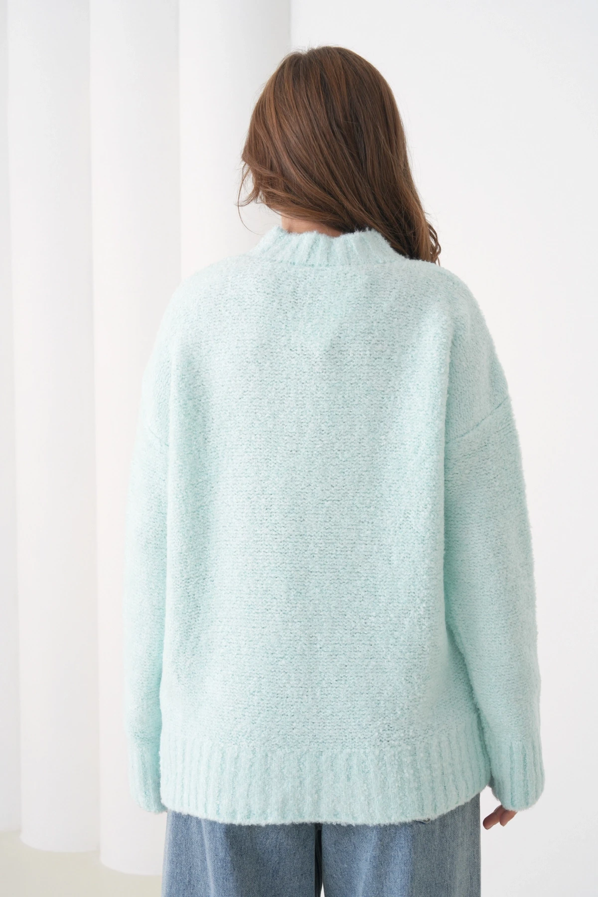 Kadın Bisiklet Bürümcük Yaka Yumuşak Dokulu Oversize Triko Kazak