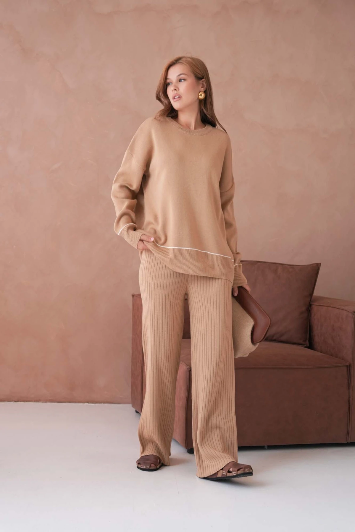 Kadın Bisiklet Yak Adüşük Kol Kazak Fitilli Pantolon İkili Triko Takım