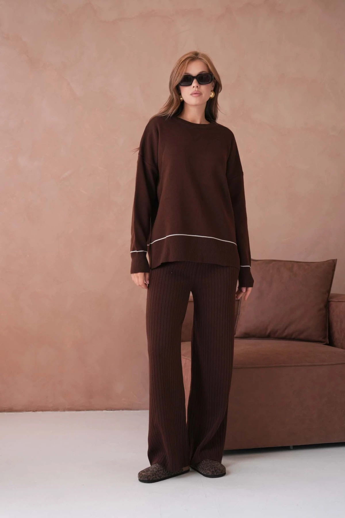 Kadın Bisiklet Yak Adüşük Kol Kazak Fitilli Pantolon İkili Triko Takım