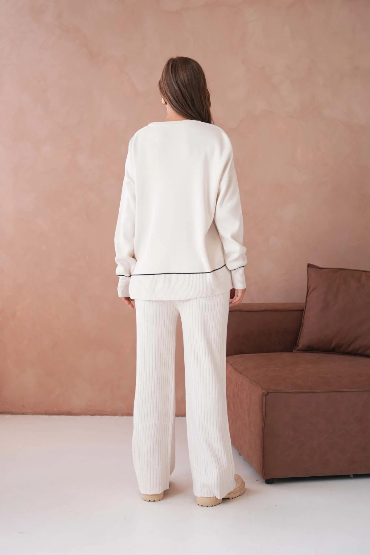 Kadın Bisiklet Yak Adüşük Kol Kazak Fitilli Pantolon İkili Triko Takım