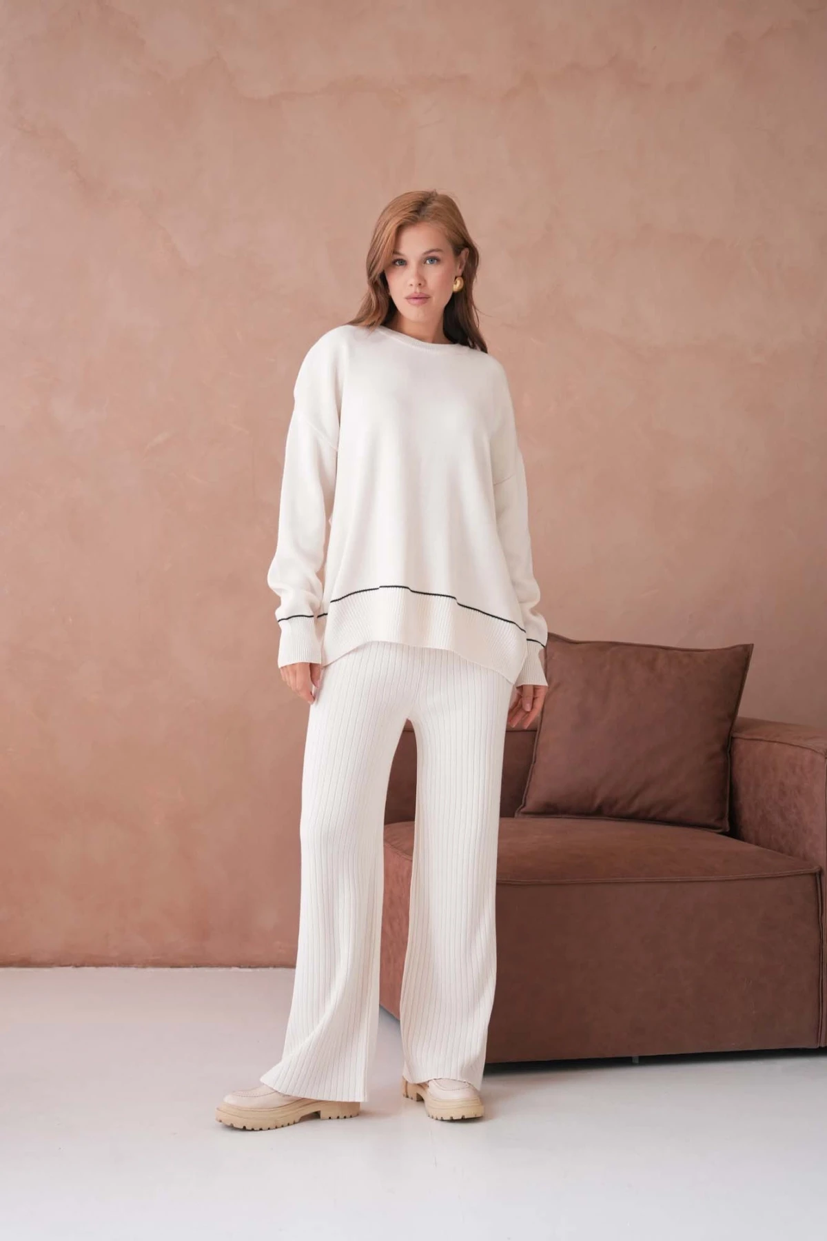 Kadın Bisiklet Yak Adüşük Kol Kazak Fitilli Pantolon İkili Triko Takım