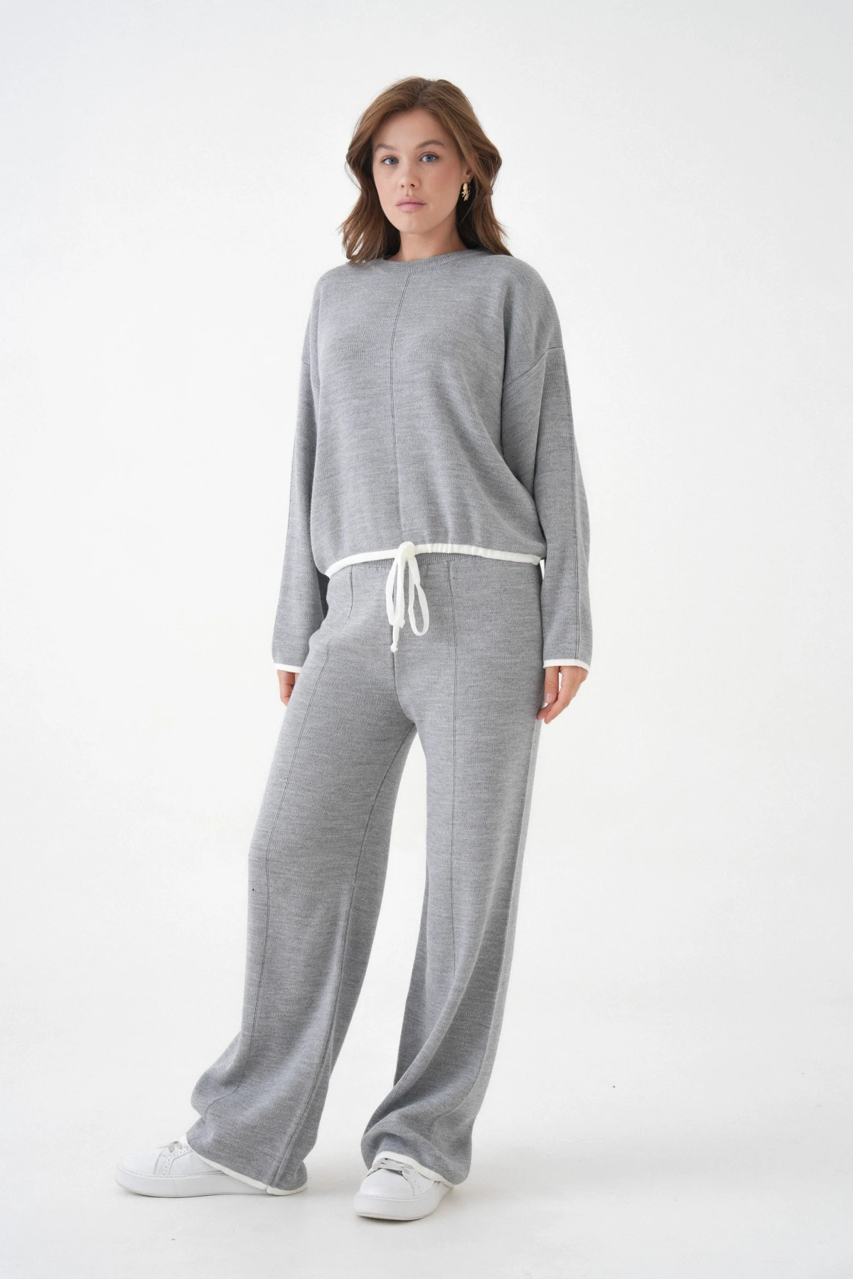 Kadın Bisiklet Yaka Bağcıklı Kazak Pantolon Alt-Üst Triko Takım